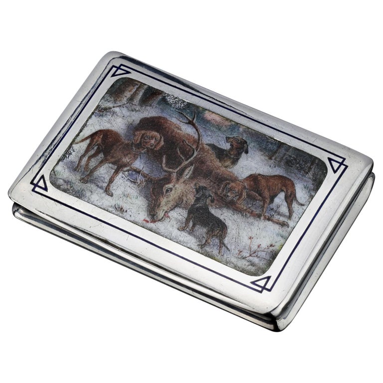 Antique Silver Enamel Painting Hunting Scene Box, Europe For Sale