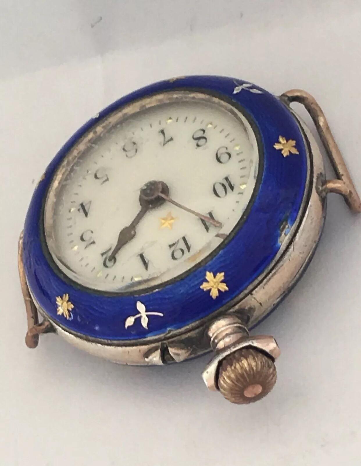 Antique Silver Enamel Swiss Trench Watch In Fair Condition For Sale In Carlisle, GB