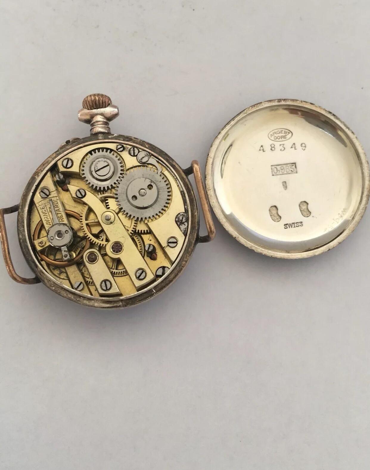 Women's or Men's Antique Silver Enamel Swiss Trench Watch For Sale