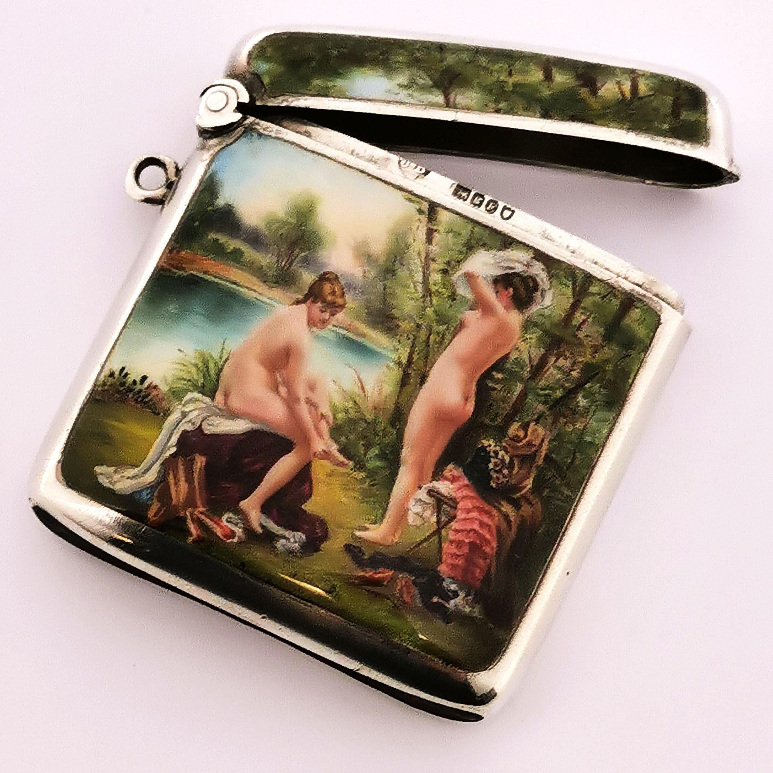 European Antique Silver and Enamel Vesta Case / Match Holder 1902 Import Mark Erotic/Nude