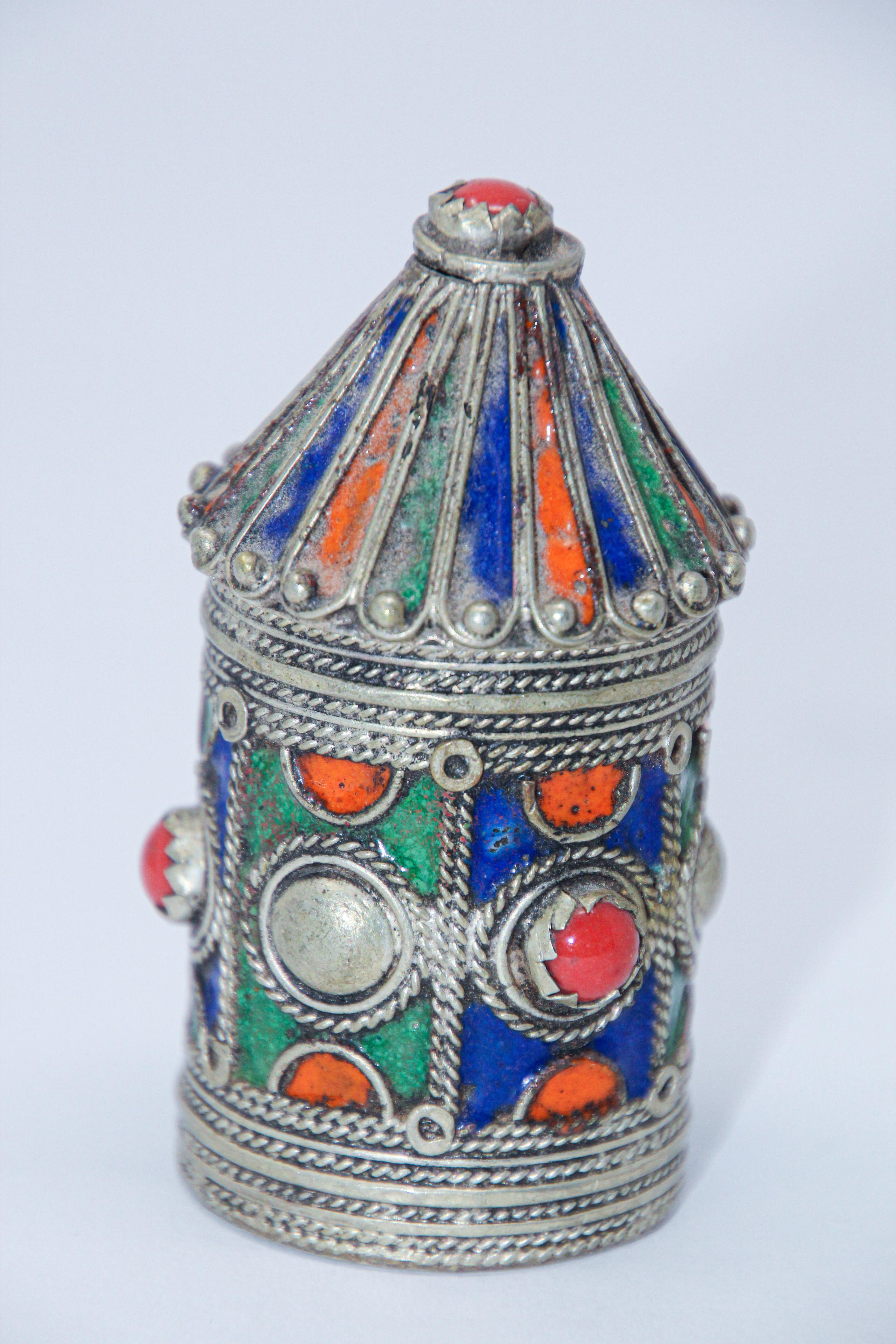 Antique Silver Enameled Powder Kohl Container Box from Kabylie, Algeria For Sale 2