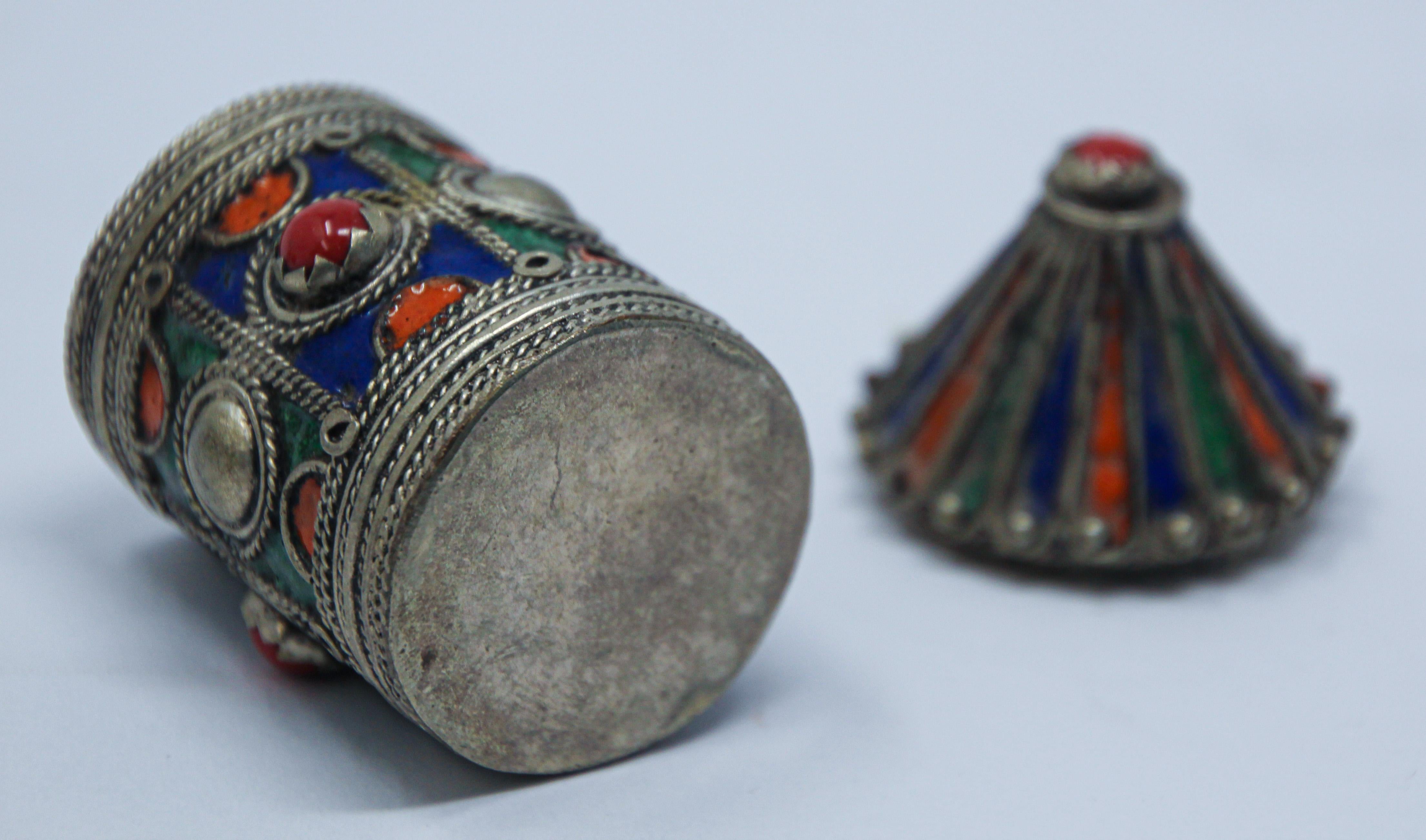 Moorish Antique Silver Enameled Powder Kohl Container Box from Kabylie, Algeria For Sale