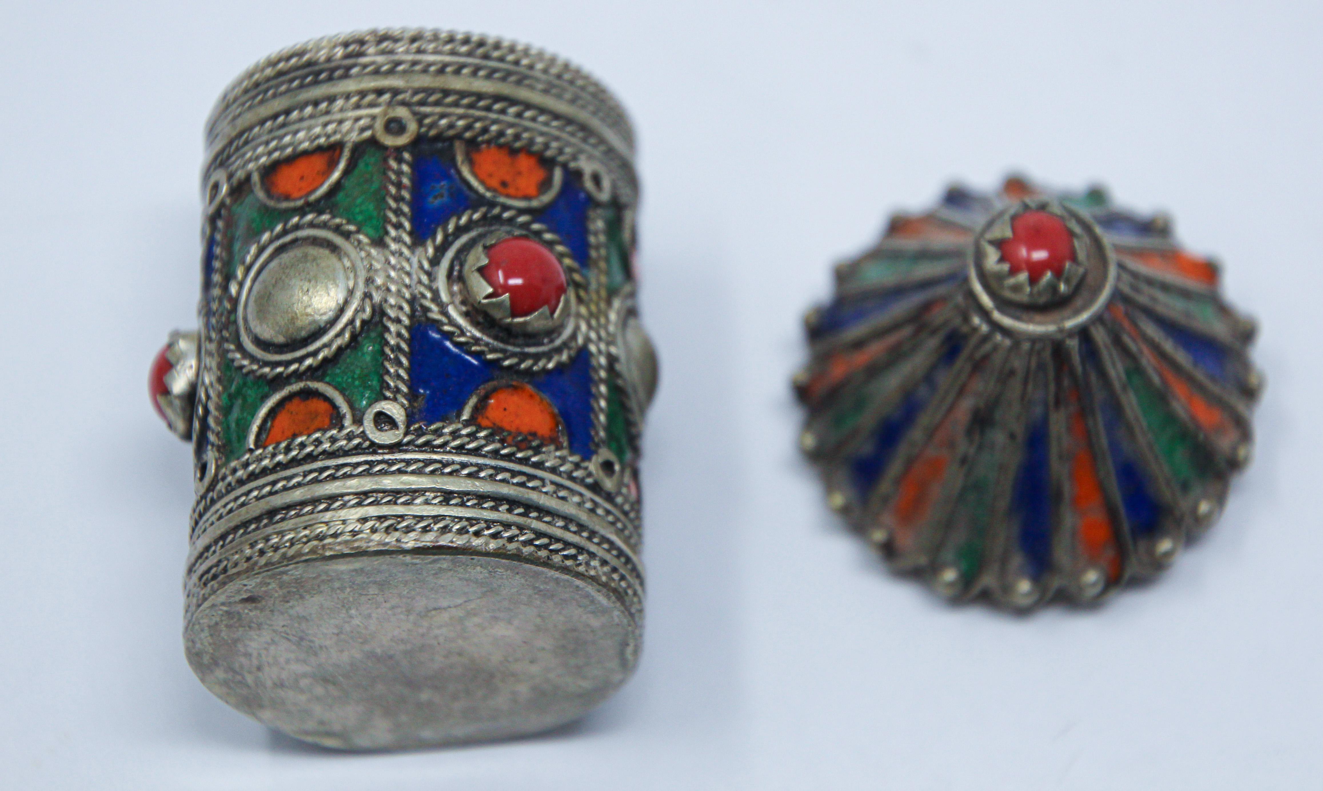 Algerian Antique Silver Enameled Powder Kohl Container Box from Kabylie, Algeria For Sale