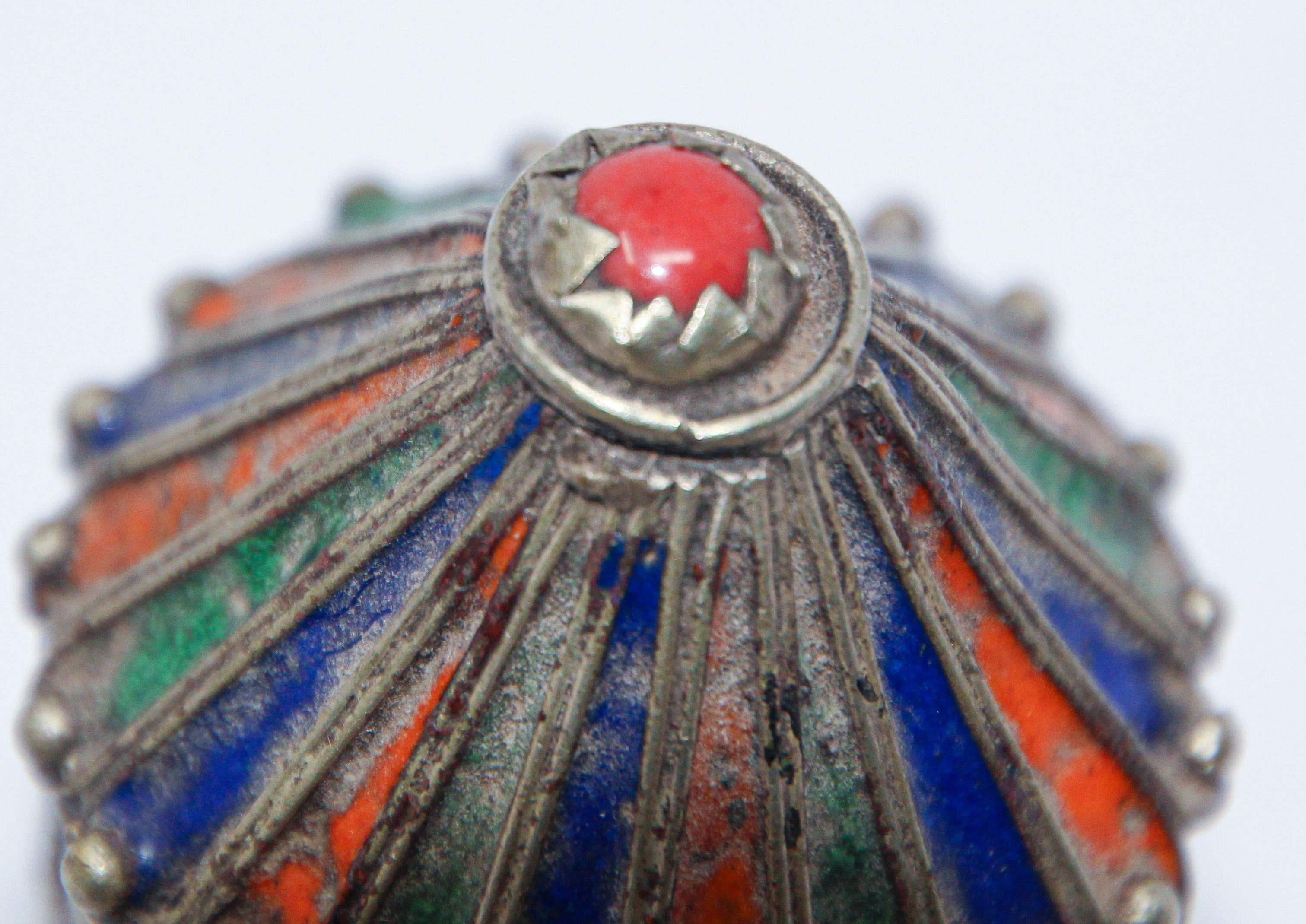 20th Century Antique Silver Enameled Powder Kohl Container Box from Kabylie, Algeria For Sale