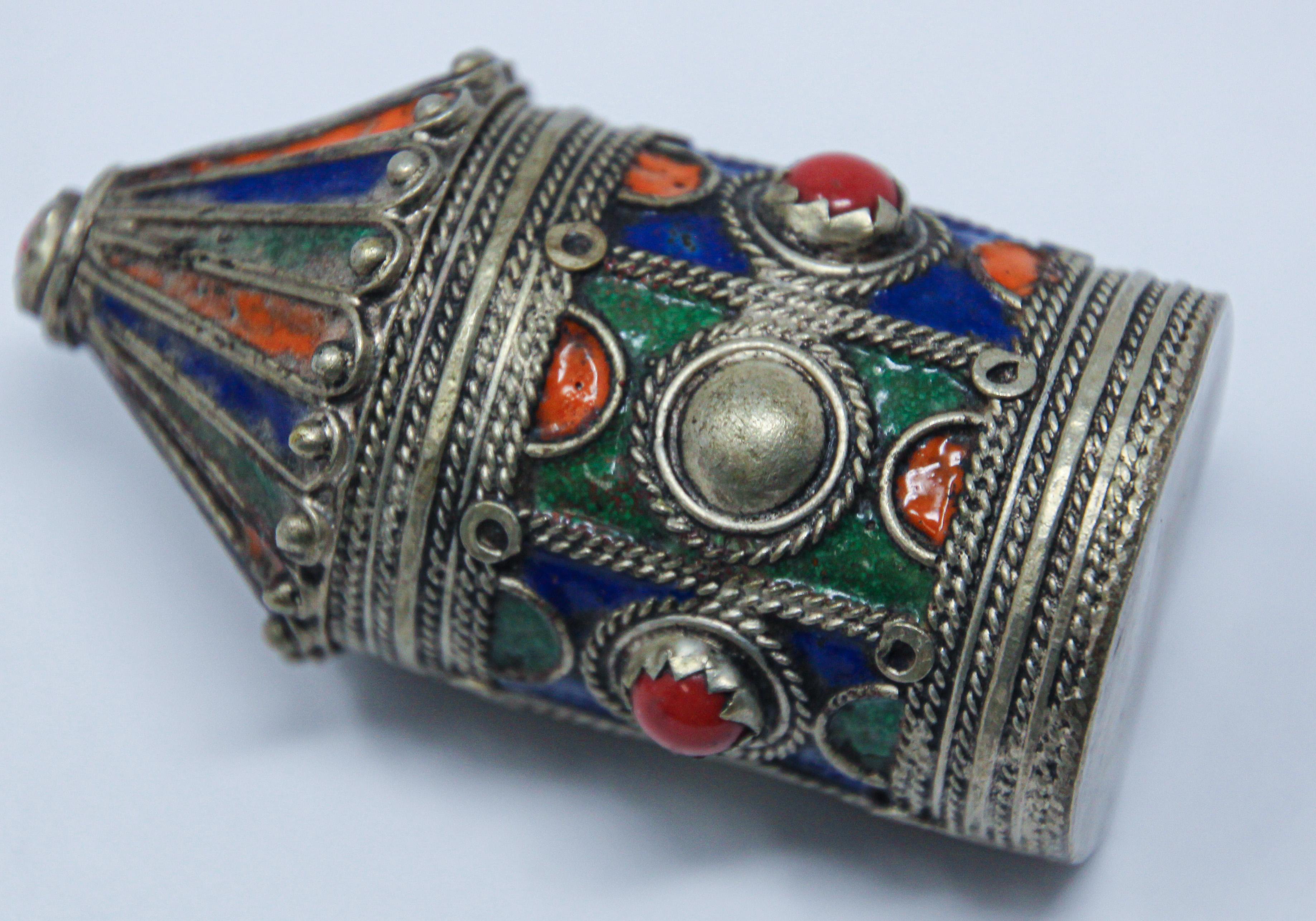 Metal Antique Silver Enameled Powder Kohl Container Box from Kabylie, Algeria For Sale