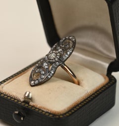 Antique Silver Engagement Ring. Diamond Navette Ring Silver 14k Yellow Gold