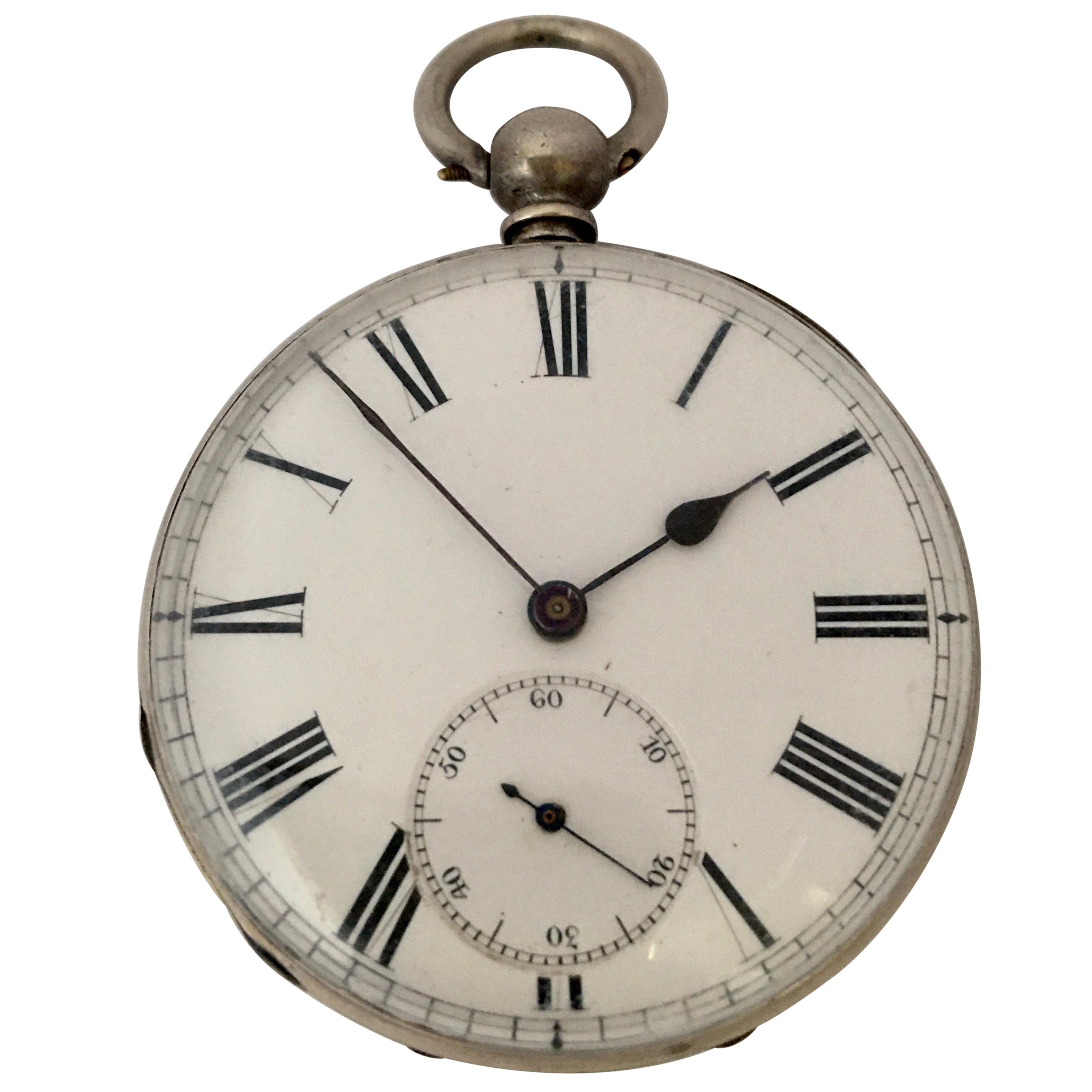Antique Silver Engine Turned Case Key-Wind Pocket Watch For Sale