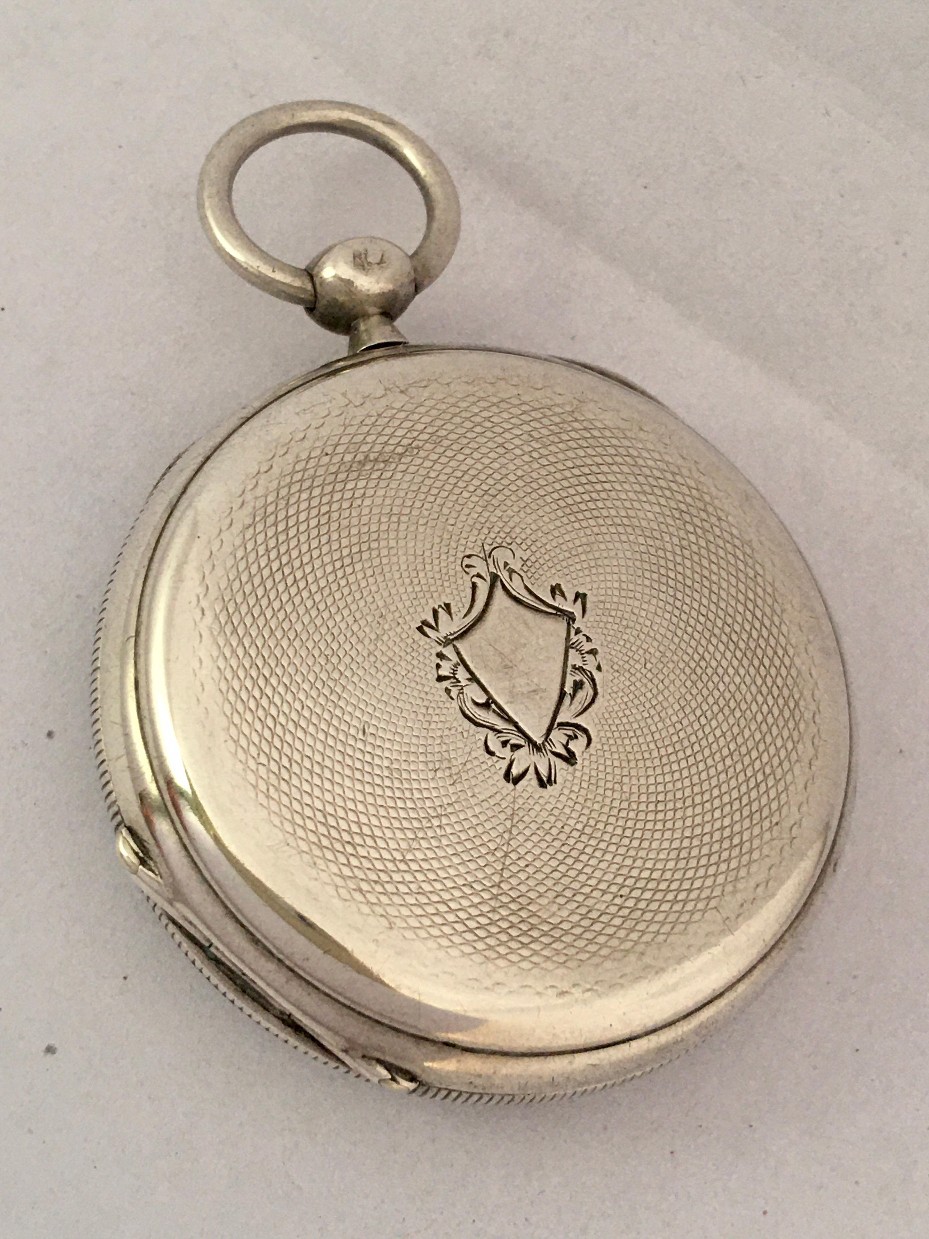Antique Silver Engined Turn Cased Key Winding Pocket Watch For Sale 9