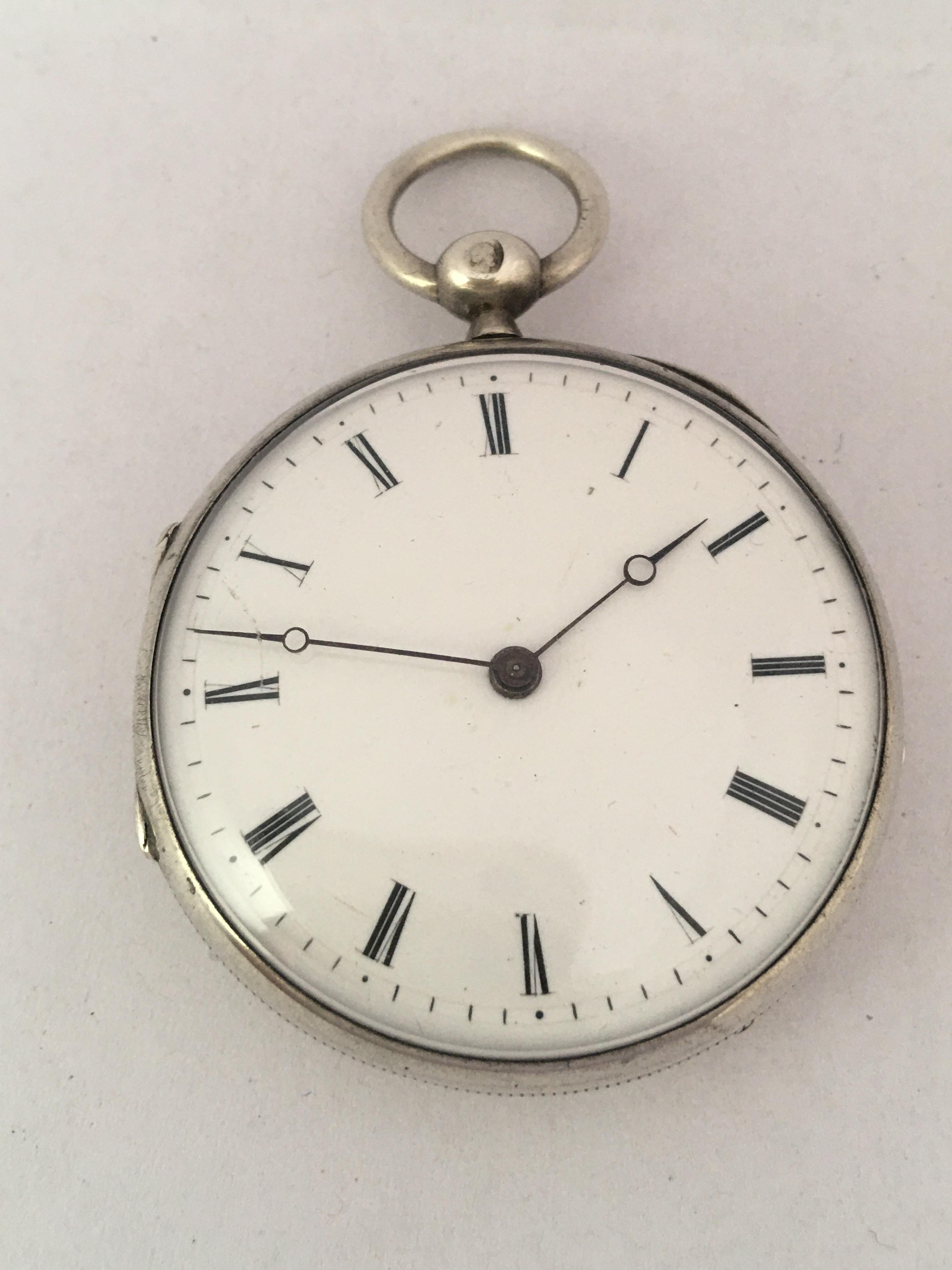 This beautiful and very fine 43mm diameter antique mechanical silver pocket watch is in good working condition and it  is running well. Visible signs of ageing and wear with tiny and light marks on the glass and on the watch case as shown. It comes