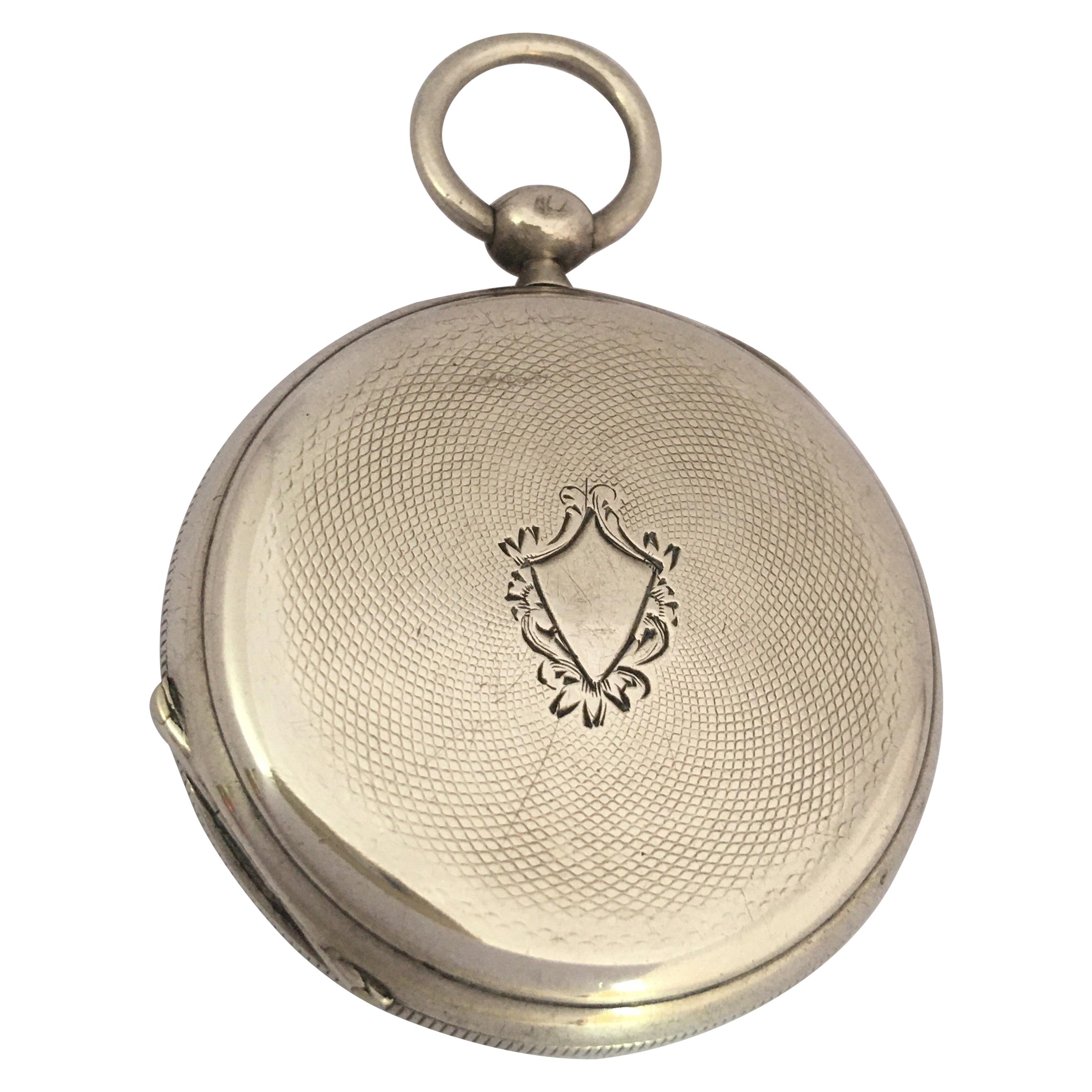 Antique Silver Engined Turn Cased Key Winding Pocket Watch For Sale