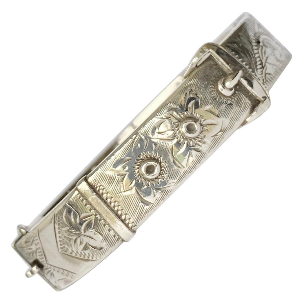 Antique Silver Engraved Bangle For Sale