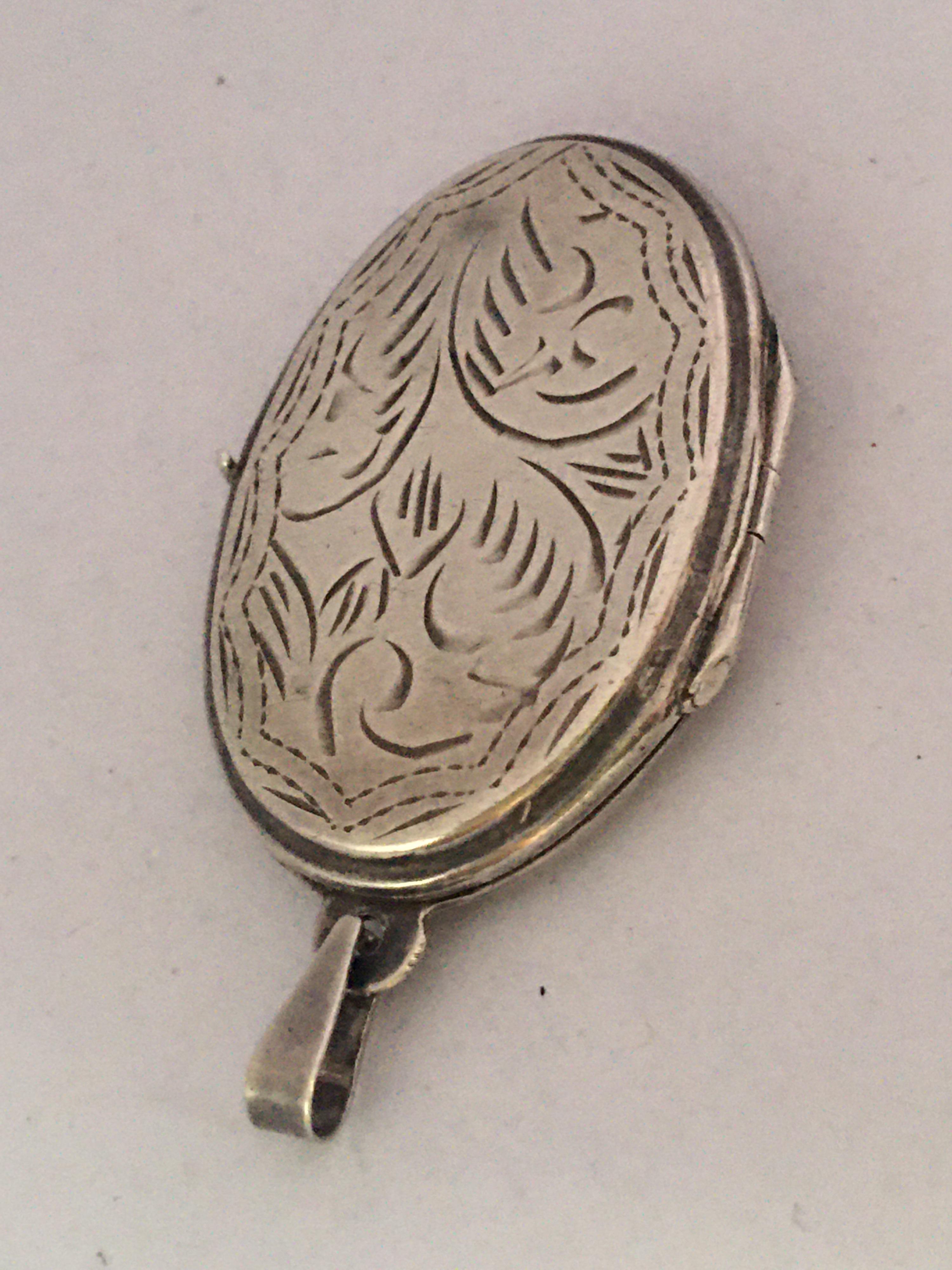 Women's or Men's Antique Silver Engraved Oval Locket Pendant