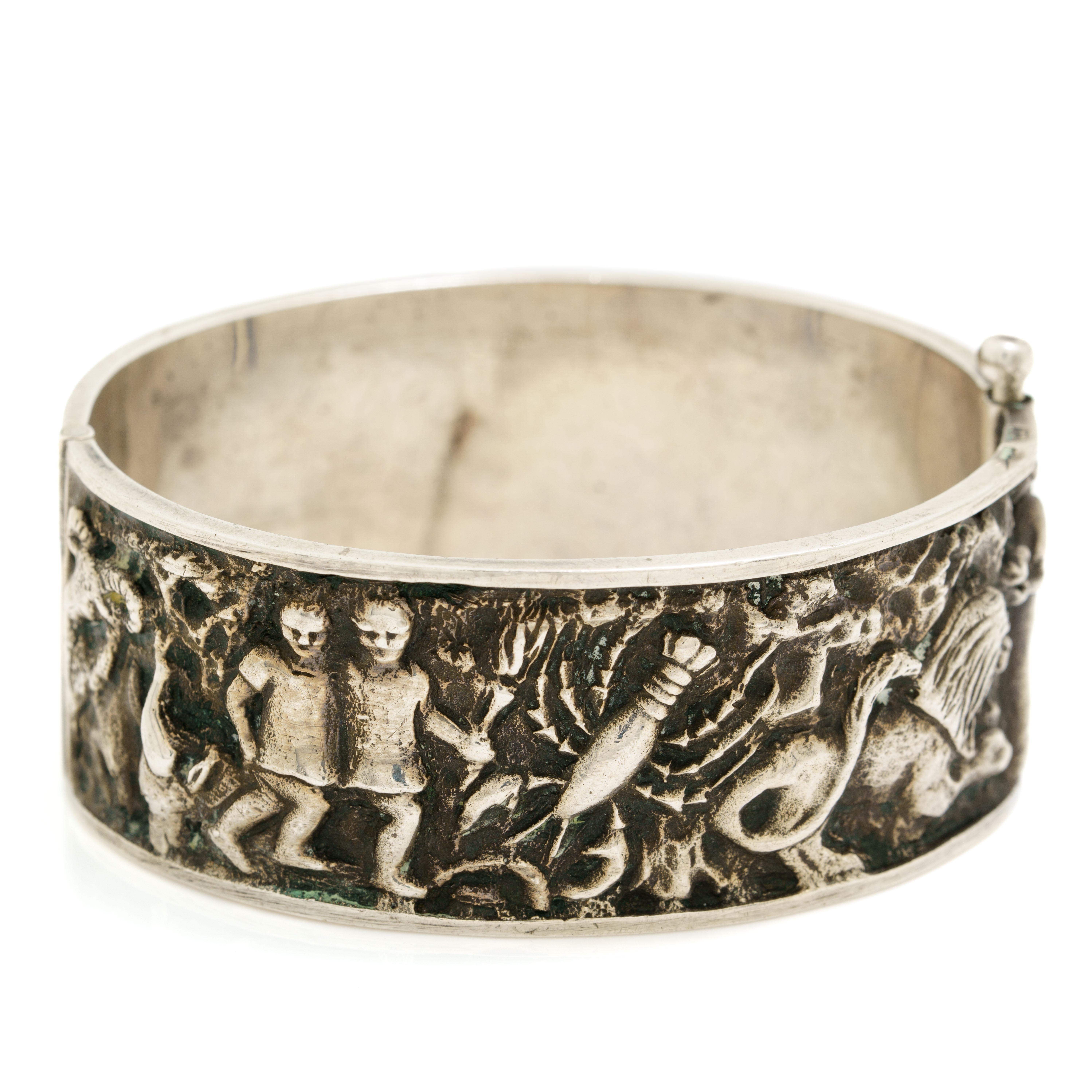 Late Victorian Antique Silver Etruscan Revival Astrological Zodiac Bangle For Sale