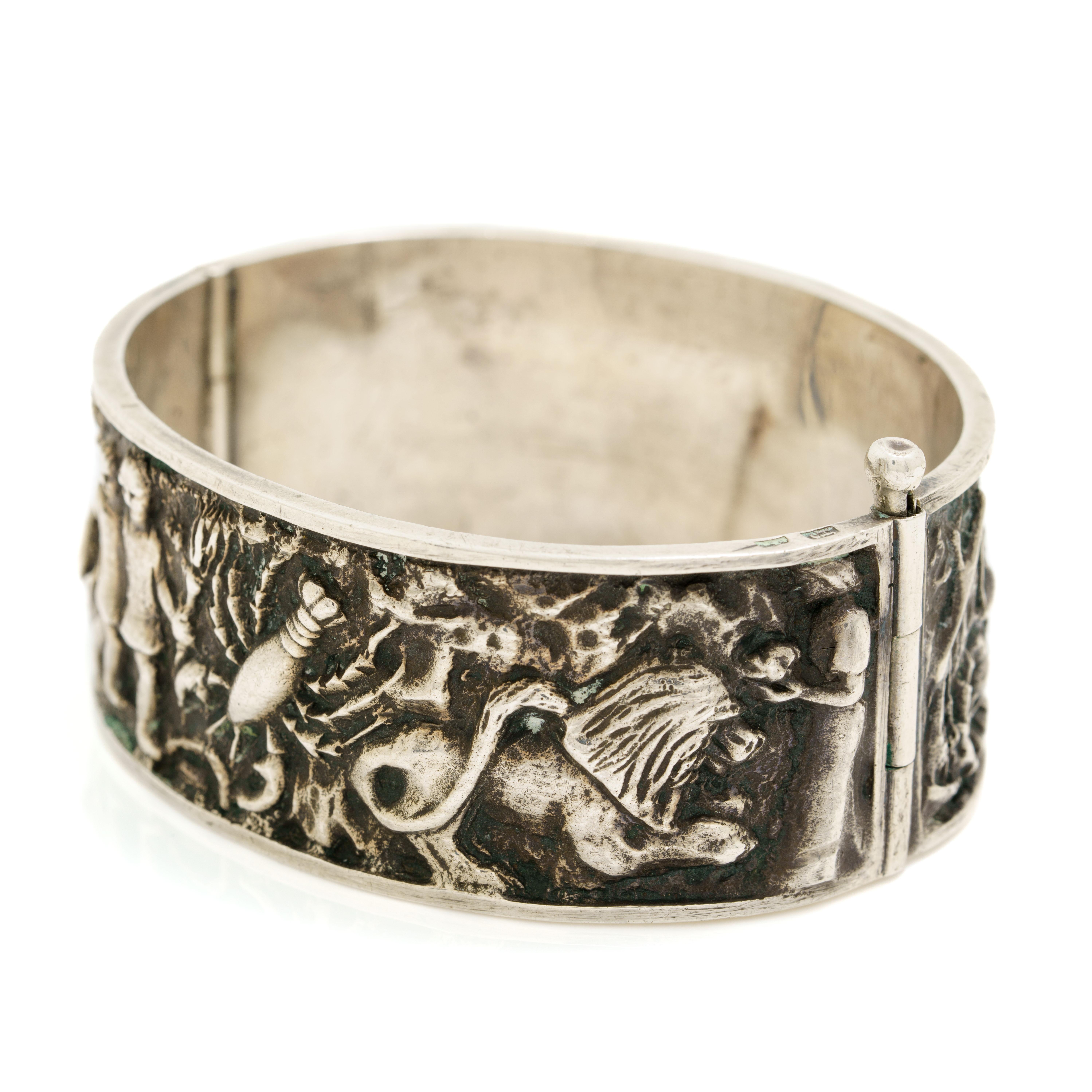 Antique Silver Etruscan Revival Astrological Zodiac Bangle In Good Condition For Sale In New York, NY