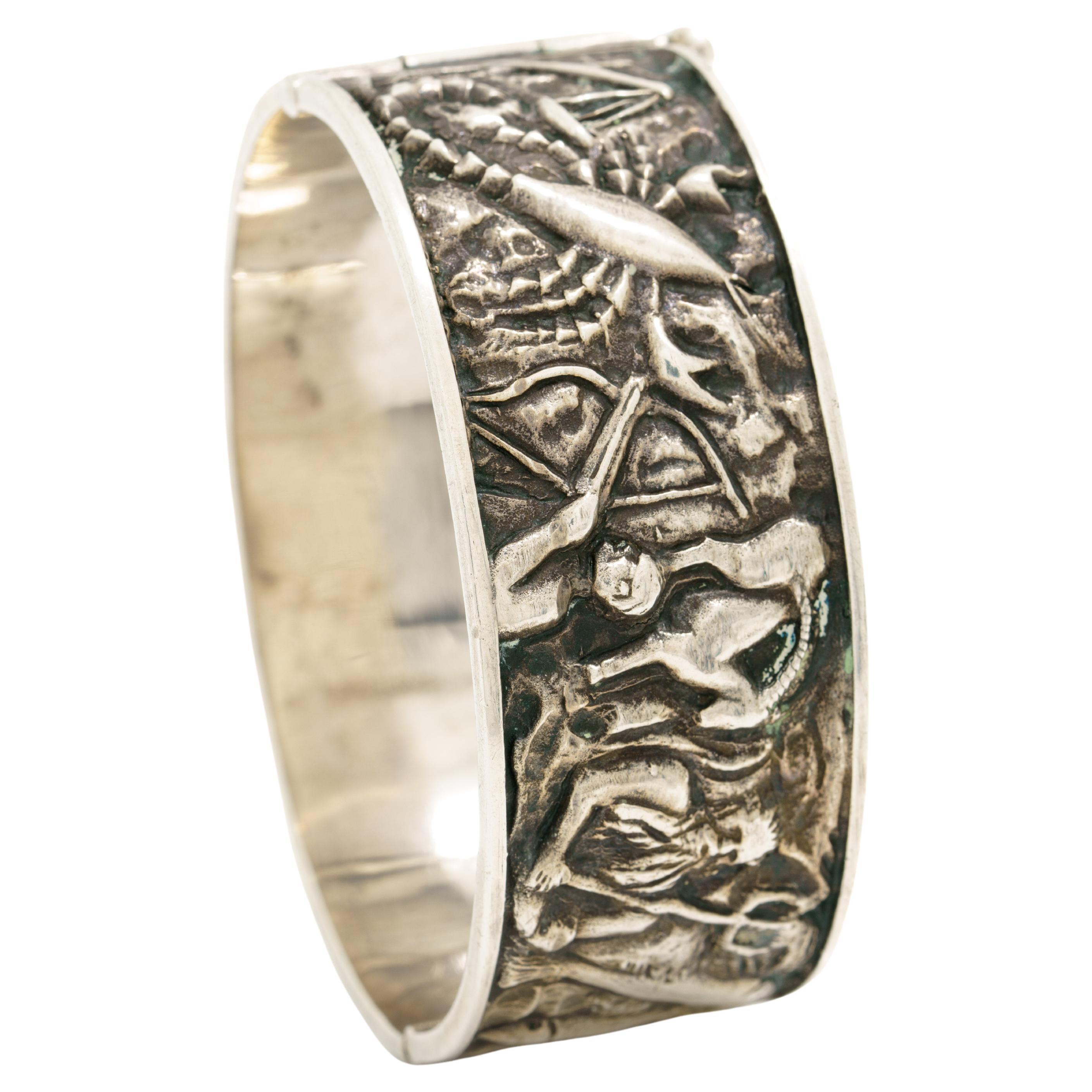 Antique Silver Etruscan Revival Astrological Zodiac Bangle For Sale
