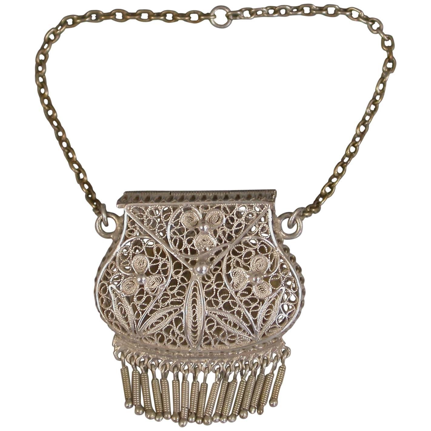 Antique Silver Filigree Chatelaine Purse Vinaigrette, Unmarked circa 1880
