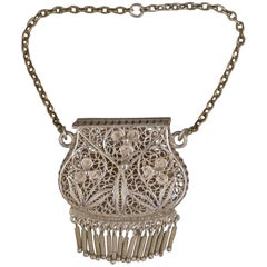 Antique Silver Filigree Chatelaine Purse Vinaigrette, Unmarked circa 1880