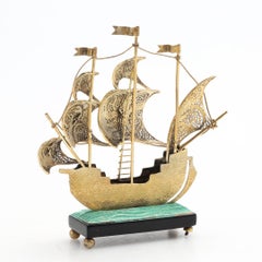 Antique Silver Filigree Model Ship with Enamel Crosses, Portuguese, 20th