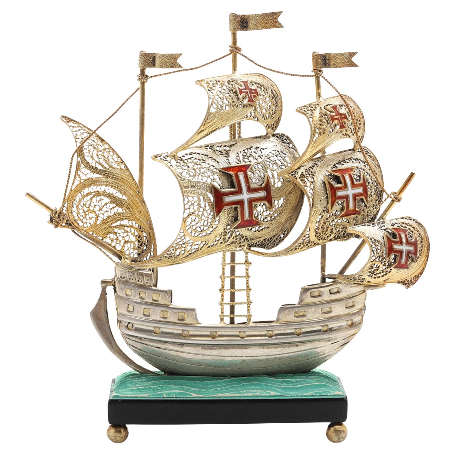 Antique Silver Filigree Model Ship with Enamel Crosses, Portuguese, 20th For Sale