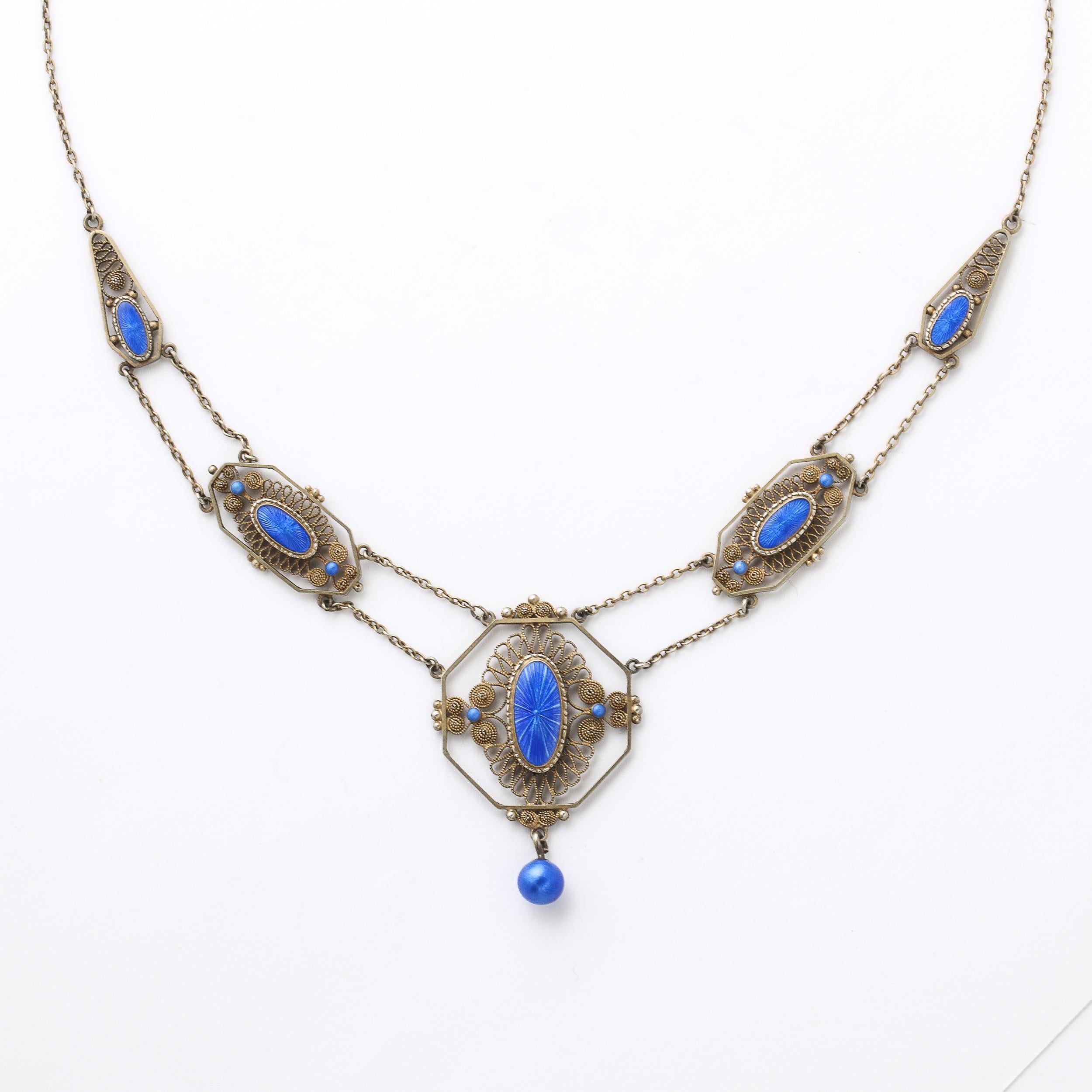 Edwardian Antique Silver Filigree Swag Style Necklace with Blue Guilloche Enamel Accents