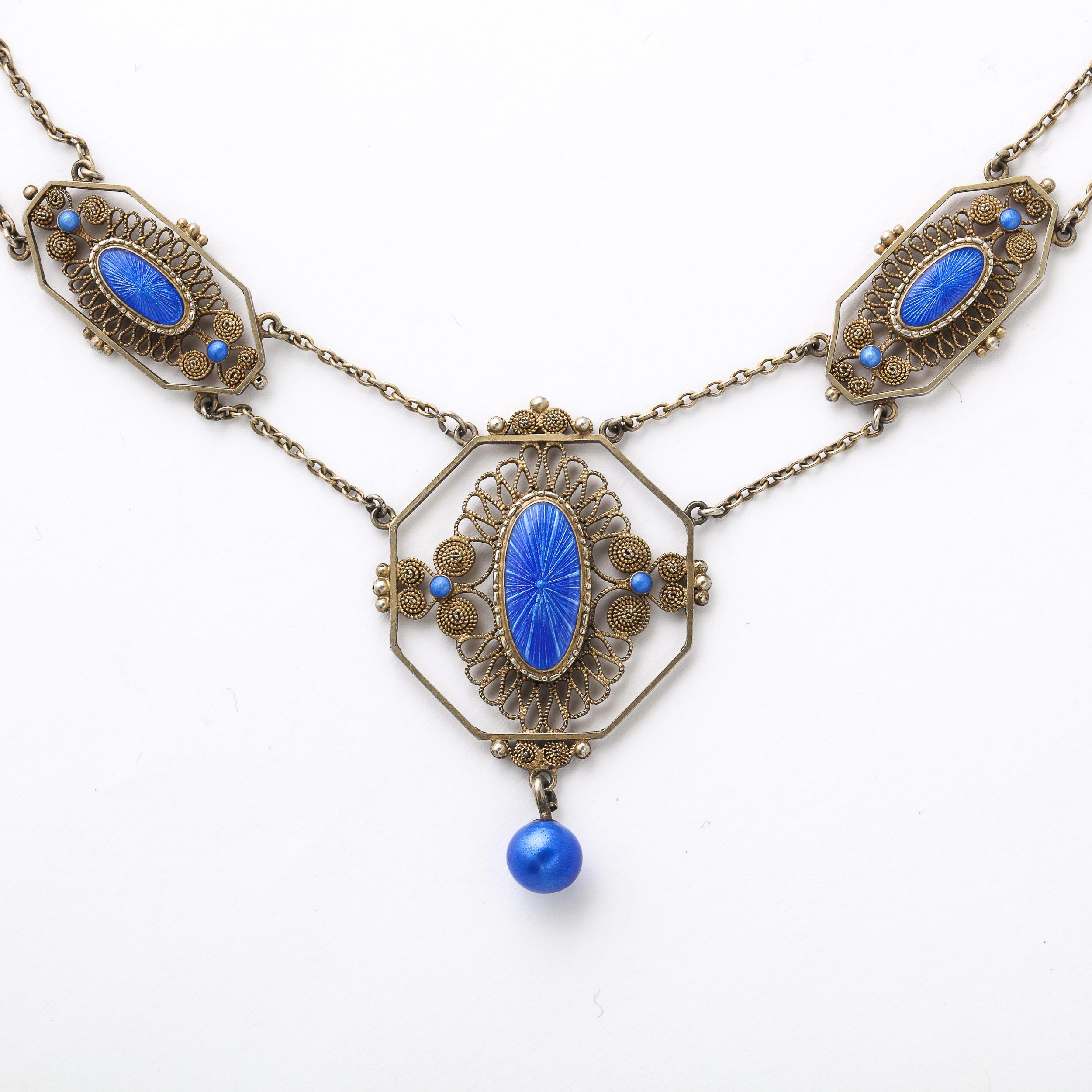 Antique Silver Filigree Swag Style Necklace with Blue Guilloche Enamel Accents In Good Condition In New York, NY