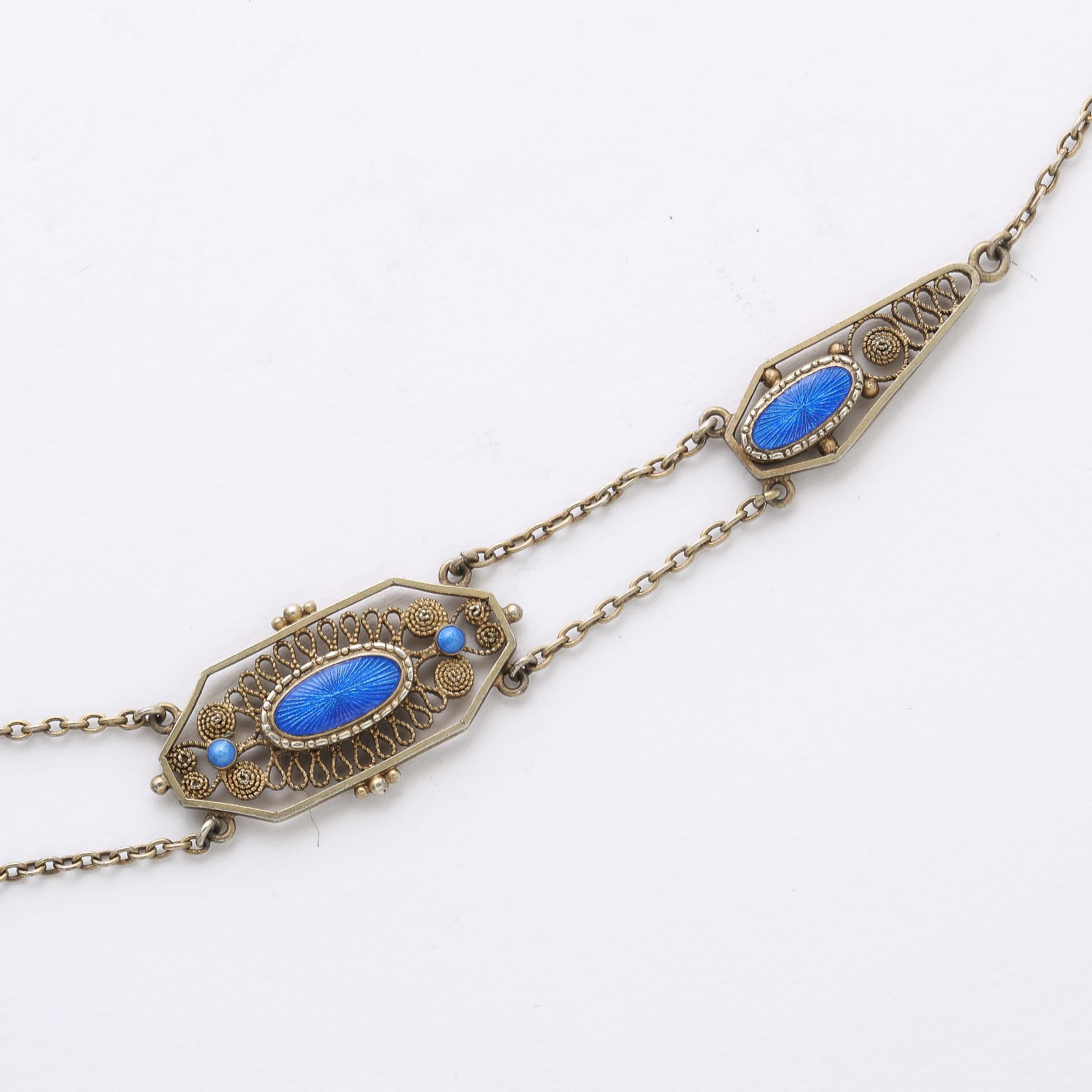 Women's Antique Silver Filigree Swag Style Necklace with Blue Guilloche Enamel Accents