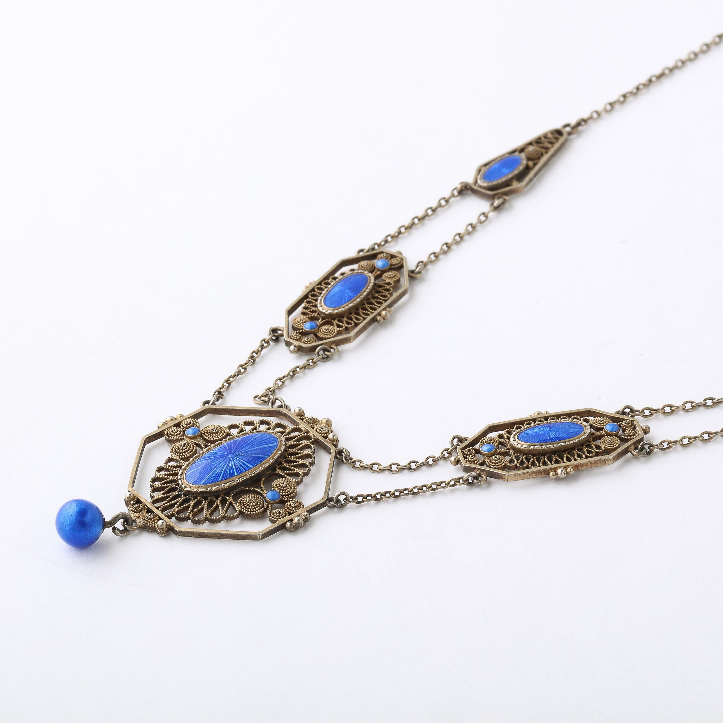 Antique Silver Filigree Swag Style Necklace with Blue Guilloche Enamel Accents 1