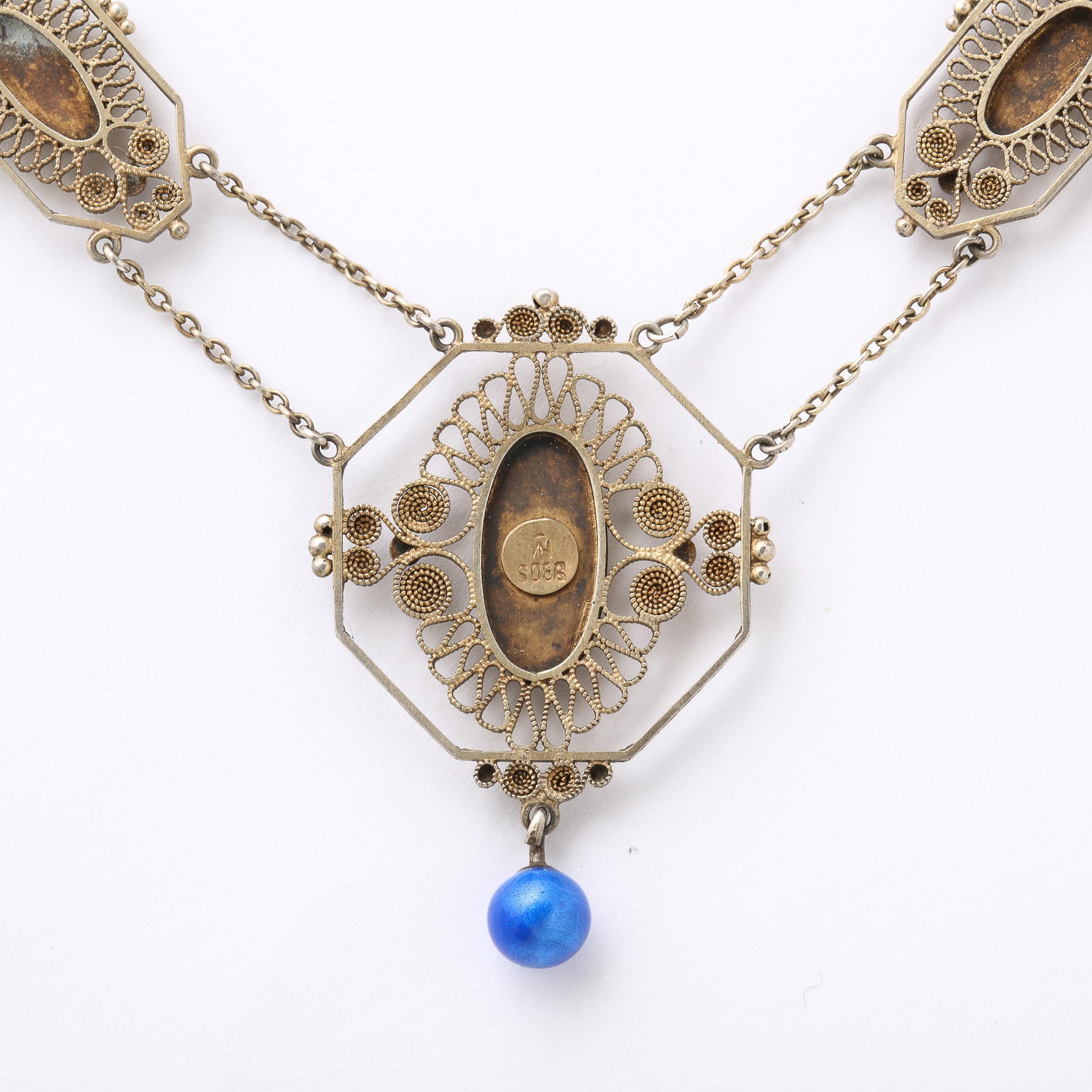 Antique Silver Filigree Swag Style Necklace with Blue Guilloche Enamel Accents 3