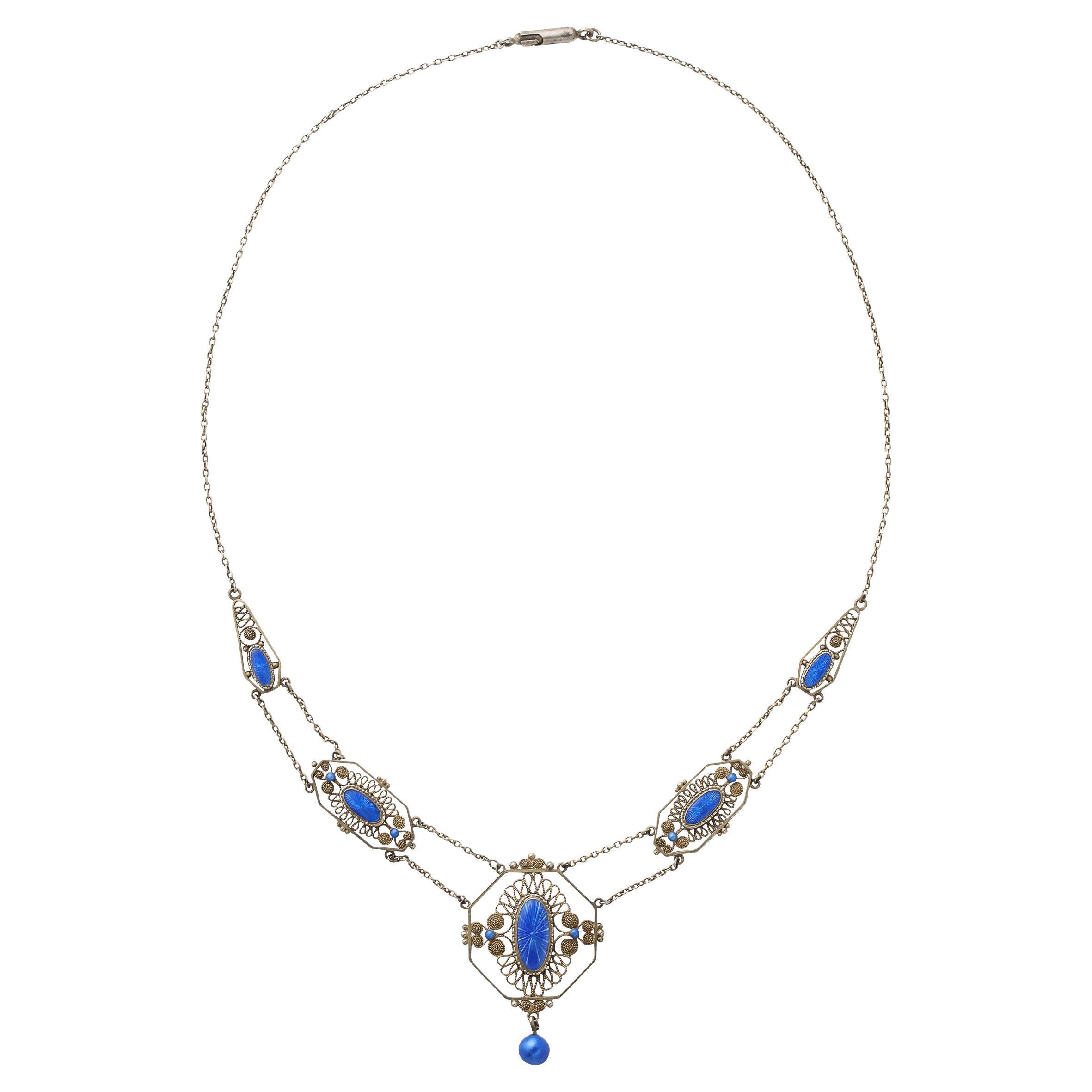 Antique Silver Filigree Swag Style Necklace with Blue Guilloche Enamel Accents