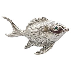 Antique Silver Fish Sculpture with Emerald Green Glass Eyes, Spain, c. 1930