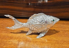 Antique Silver Fish Sculpture with Emerald Green Glass Eyes, Spain, c. 1930