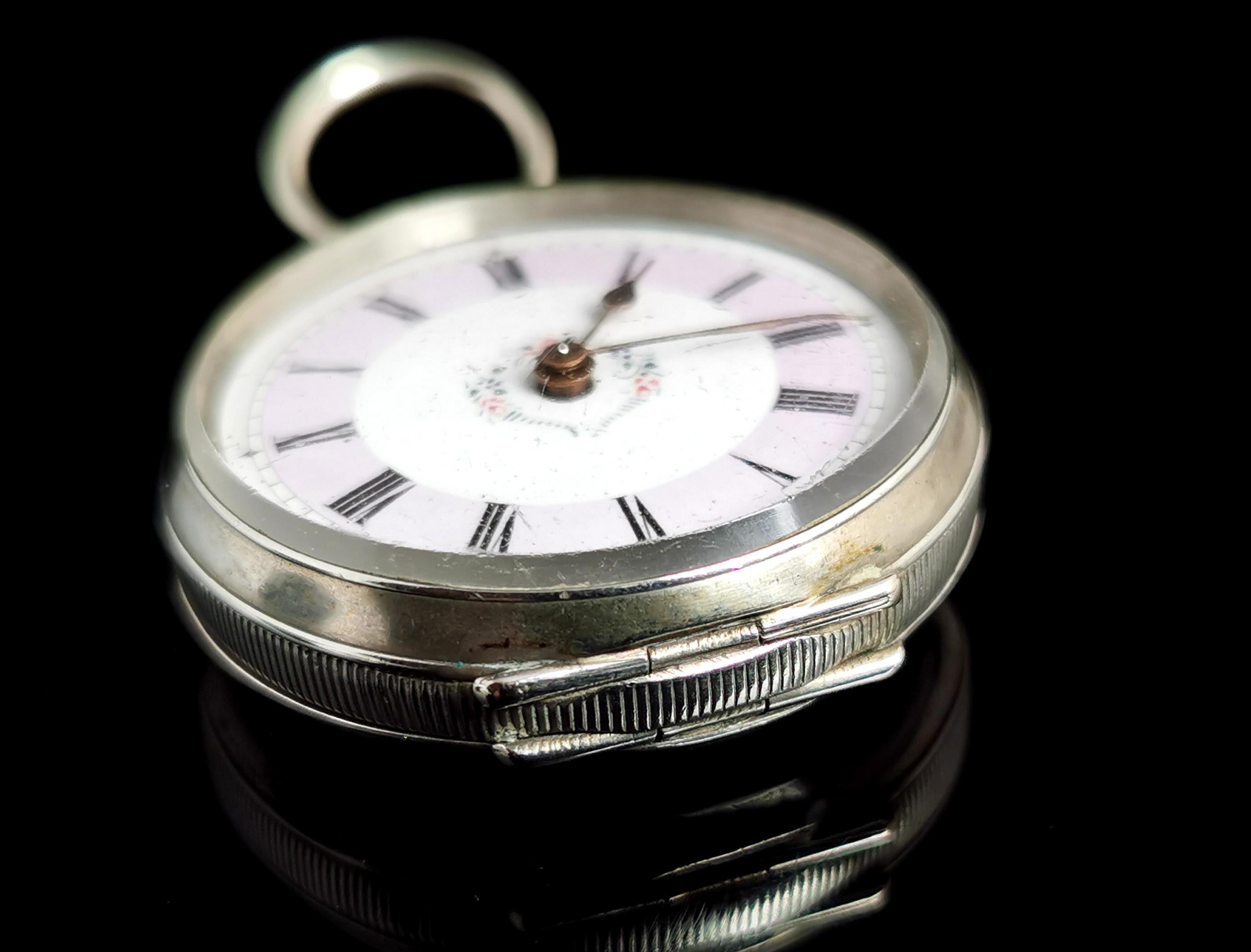 Antique Silver Fob Watch, Ladies Pocket Watch, Edwardian 3