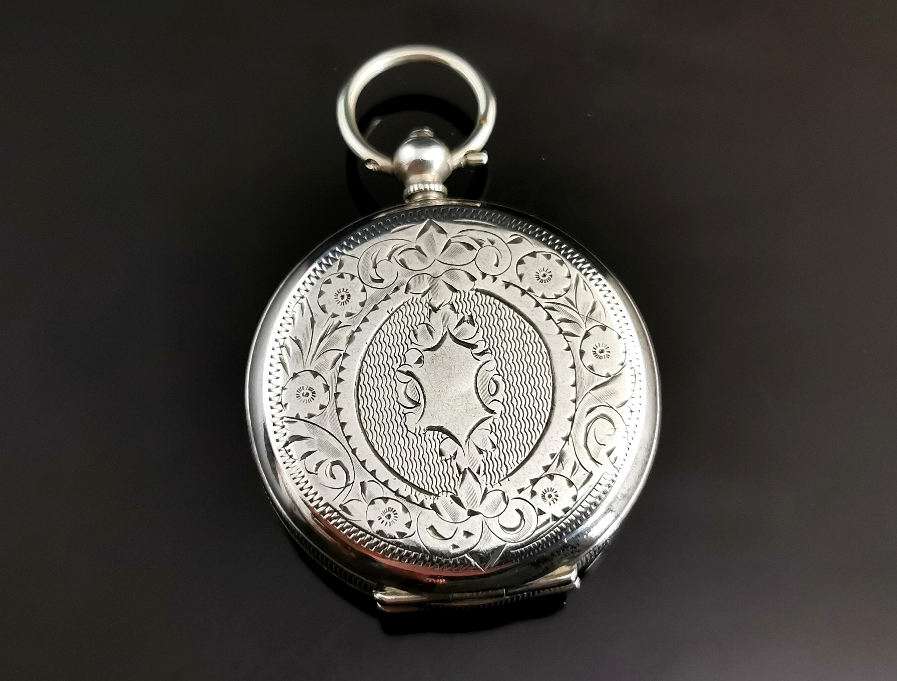 Antique Silver Fob Watch, Ladies Pocket Watch, Edwardian 4