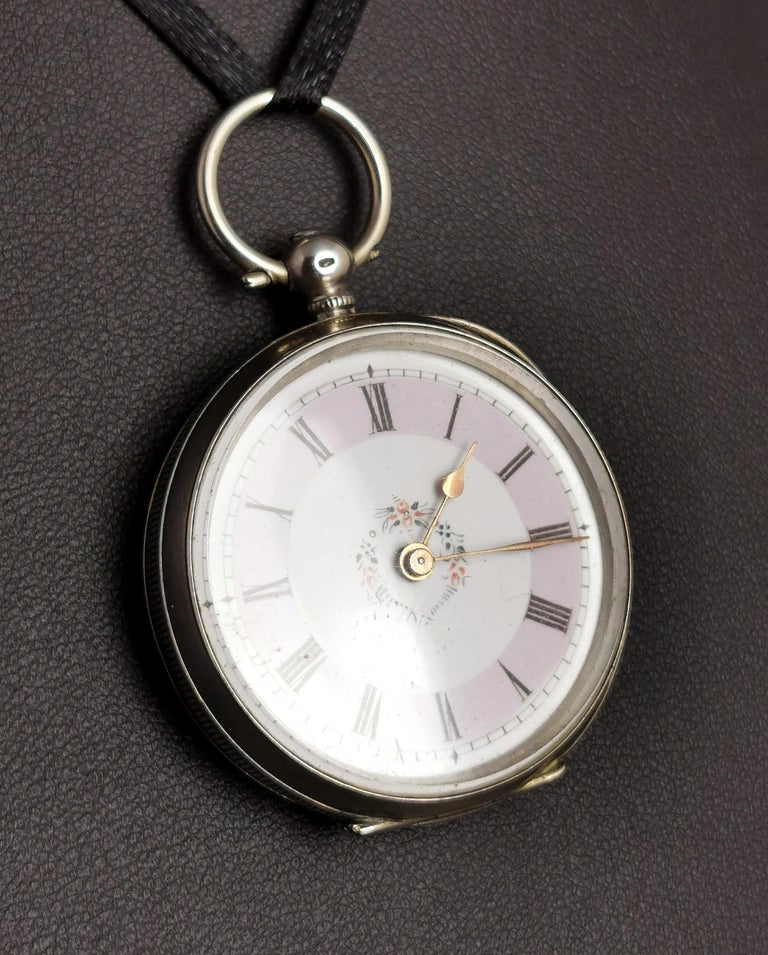 Antique Silver Fob Watch, Ladies Pocket Watch, Edwardian In Good Condition For Sale In NEWARK, GB
