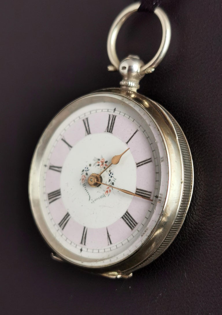 Women's Antique Silver Fob Watch, Ladies Pocket Watch, Edwardian For Sale