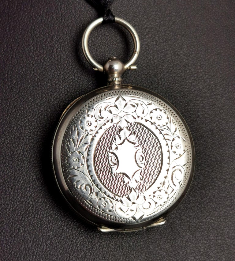 Antique Silver Fob Watch, Ladies Pocket Watch, Edwardian For Sale 1