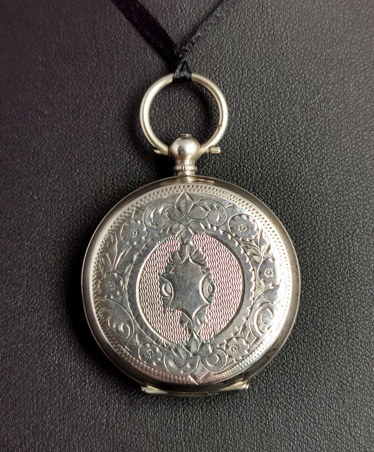 Antique Silver Fob Watch, Ladies Pocket Watch, Edwardian For Sale 2