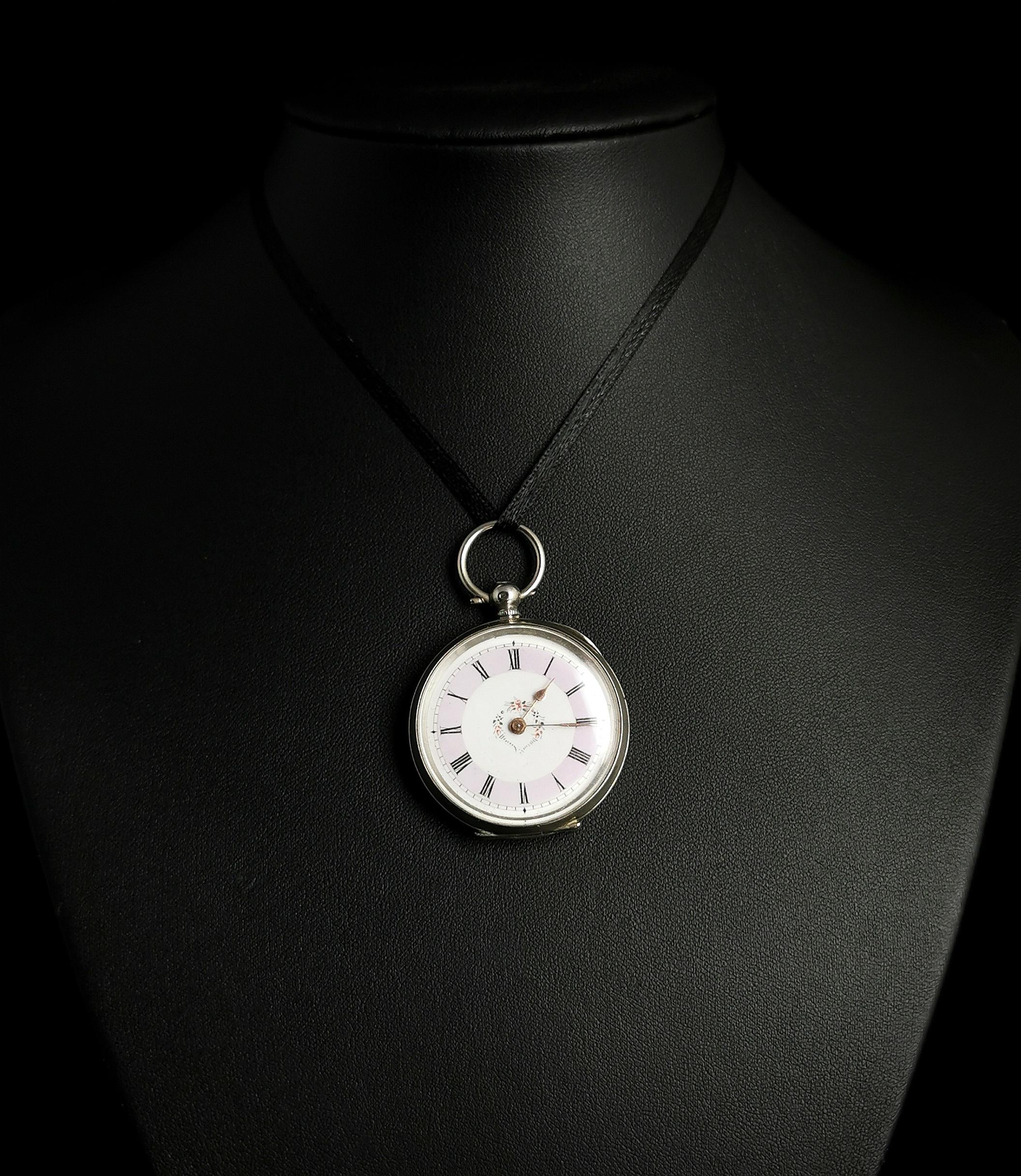 Women's Antique Silver Fob Watch, Ladies Pocket Watch, Edwardian