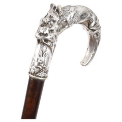 Antique Silver Fox & Hare Handled Walking Stick Cane 19th Century