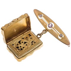 Antique Silver Gilt & 9ct Yellow Gold Amethyst & Split Pearl Snuff Locket Brooch