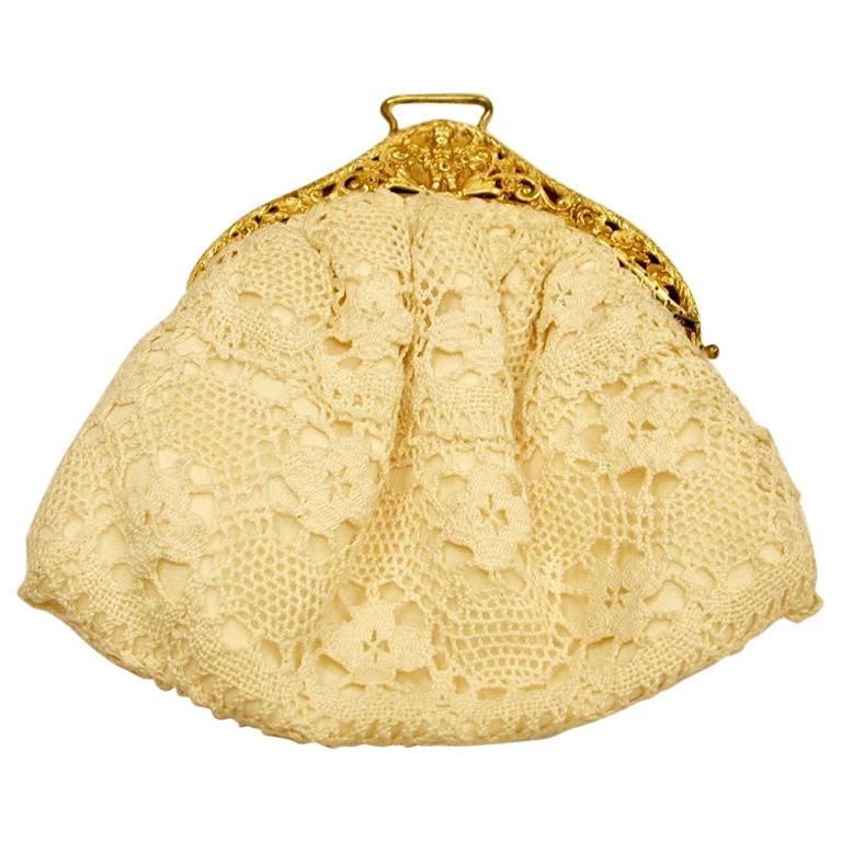 Antique Silver Gilt and Cream Lace Evening Handbag, Dated 1913, Chester For Sale