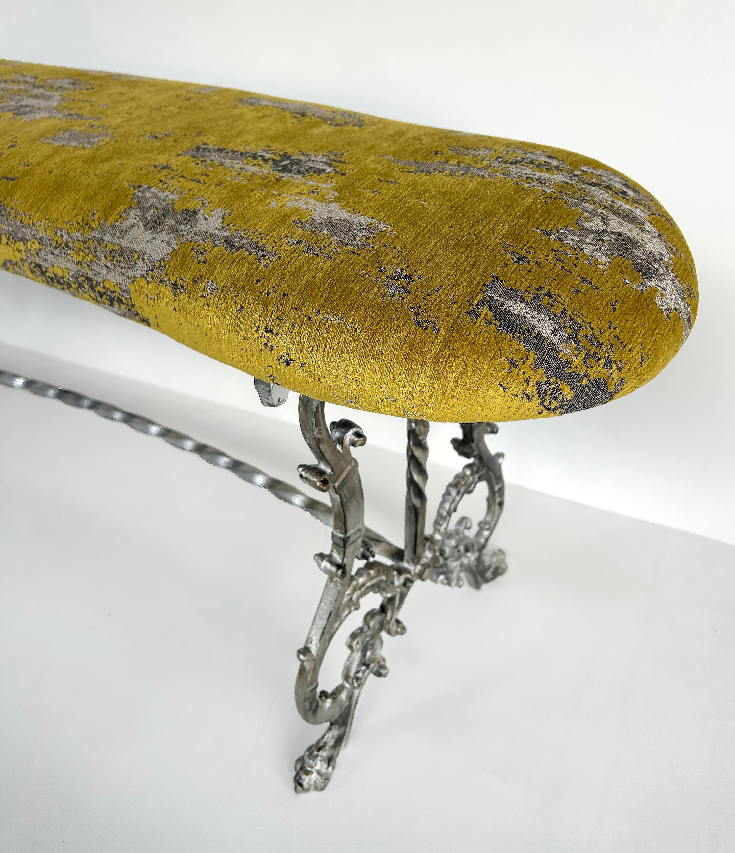 Antique Silver Gilt Cast Iron Curved Bench with Newly Upholstered Seat Cushion 2