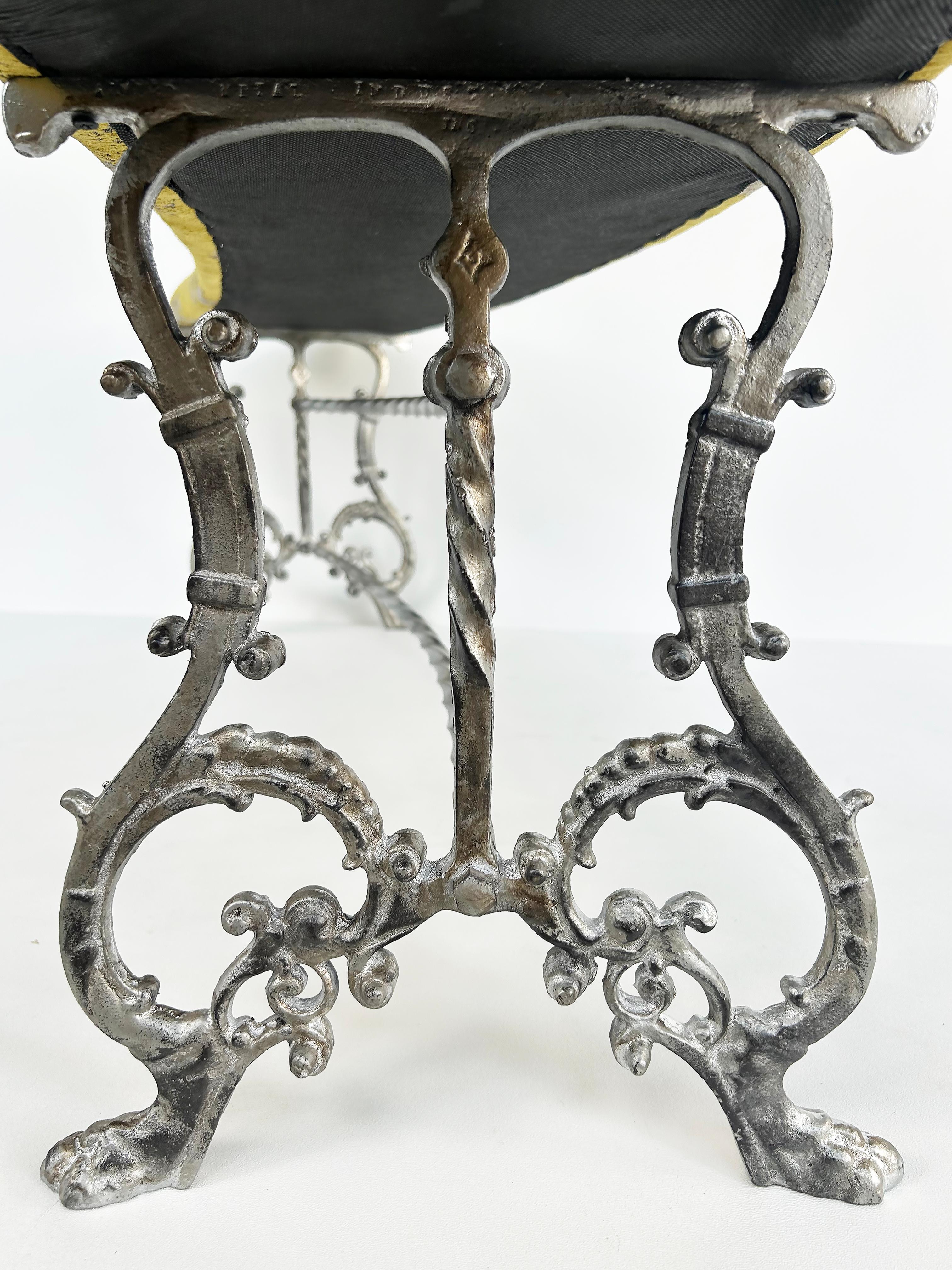 Antique Silver Gilt Cast Iron Curved Bench with Newly Upholstered Seat Cushion 3