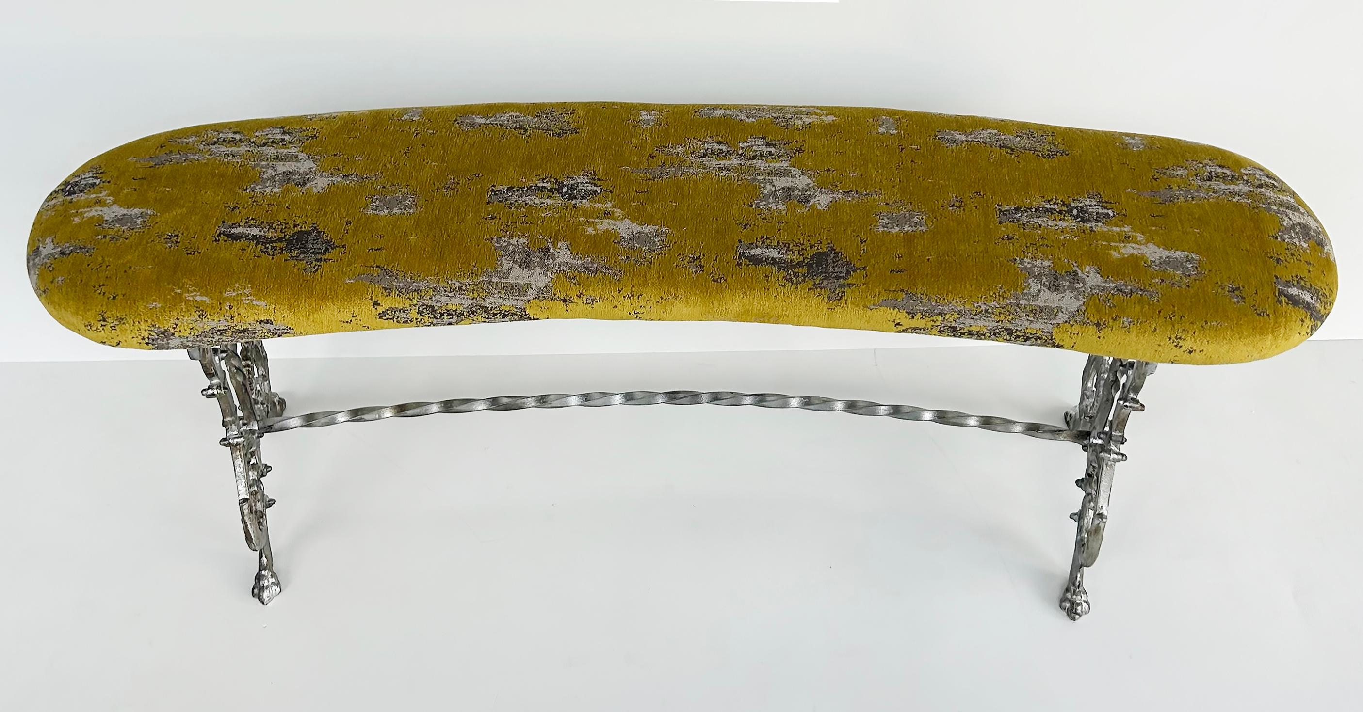 Late Victorian Antique Silver Gilt Cast Iron Curved Bench with Newly Upholstered Seat Cushion