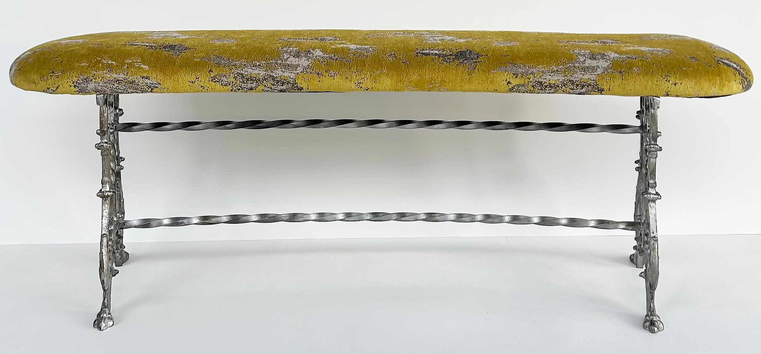 American Antique Silver Gilt Cast Iron Curved Bench with Newly Upholstered Seat Cushion
