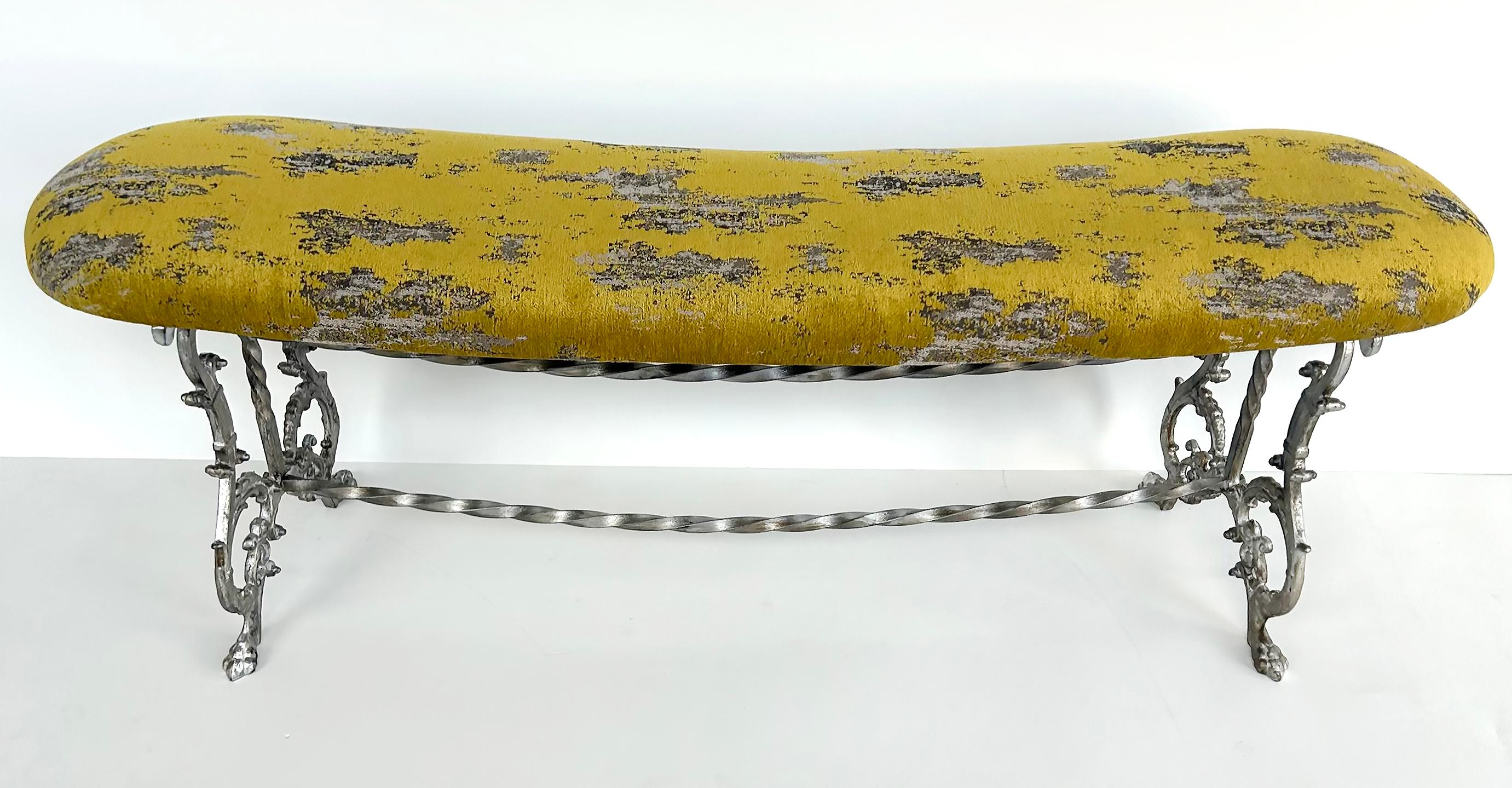 Silvered Antique Silver Gilt Cast Iron Curved Bench with Newly Upholstered Seat Cushion