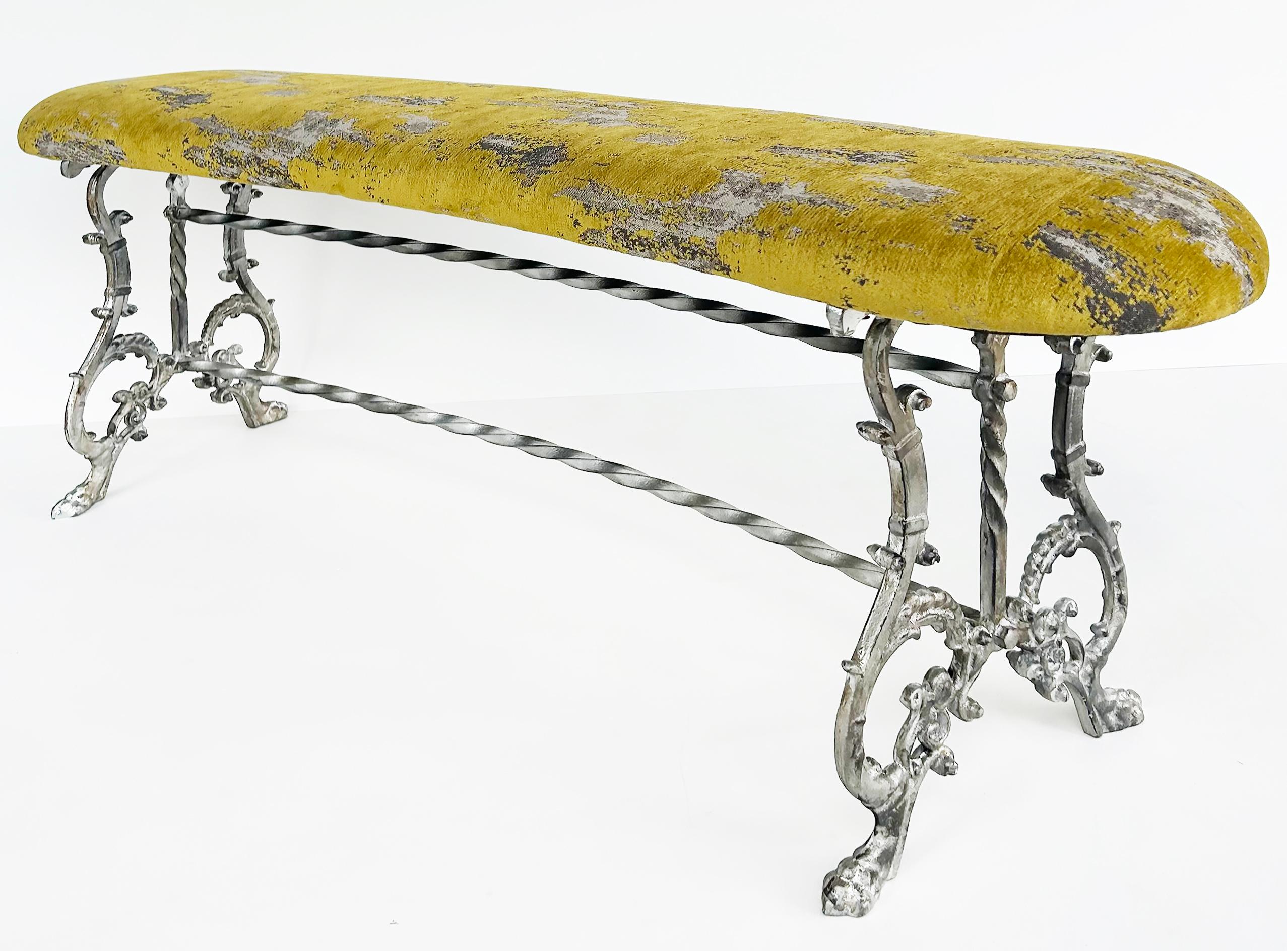 Antique Silver Gilt Cast Iron Curved Bench with Newly Upholstered Seat Cushion In Good Condition In Miami, FL