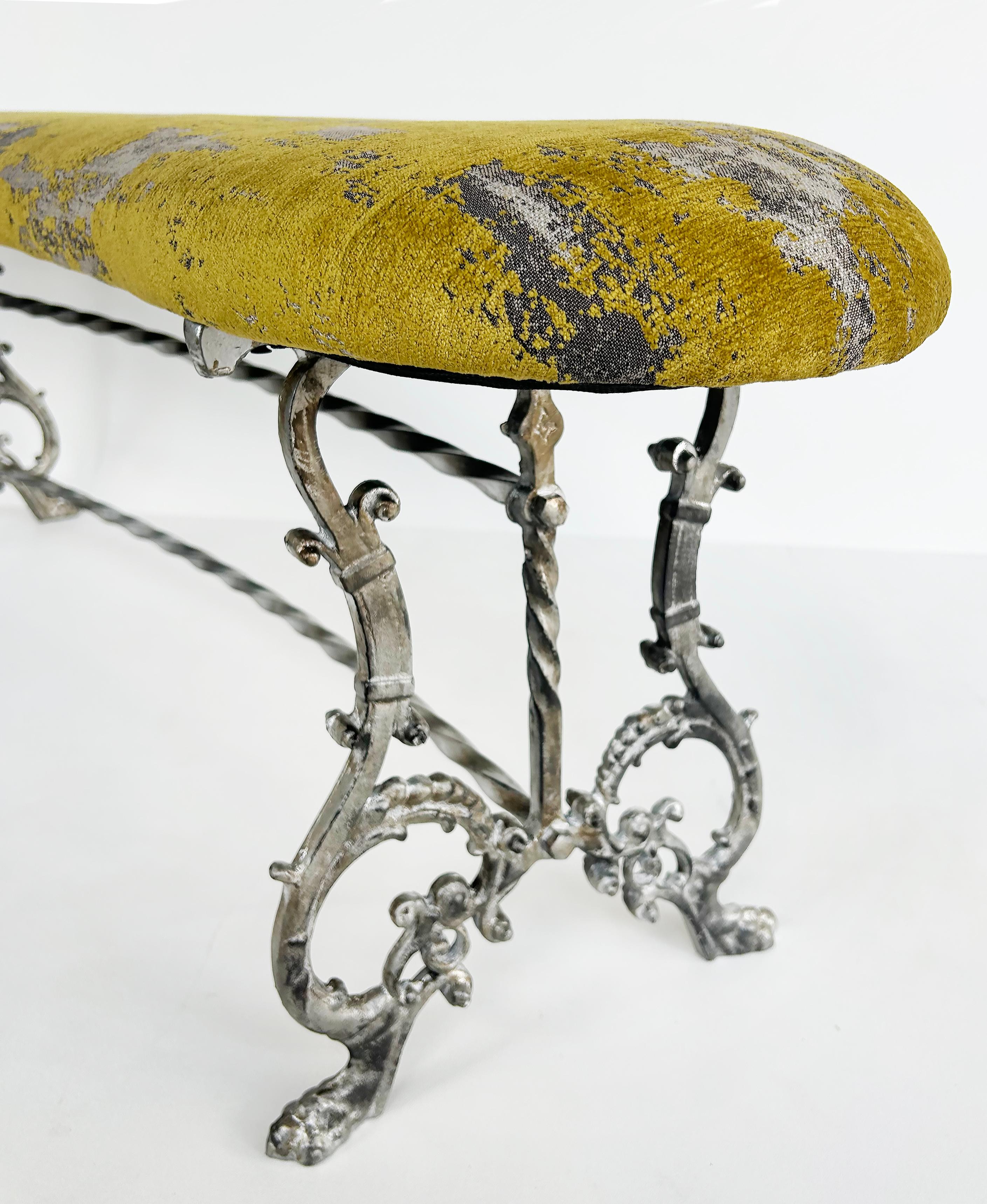 20th Century Antique Silver Gilt Cast Iron Curved Bench with Newly Upholstered Seat Cushion