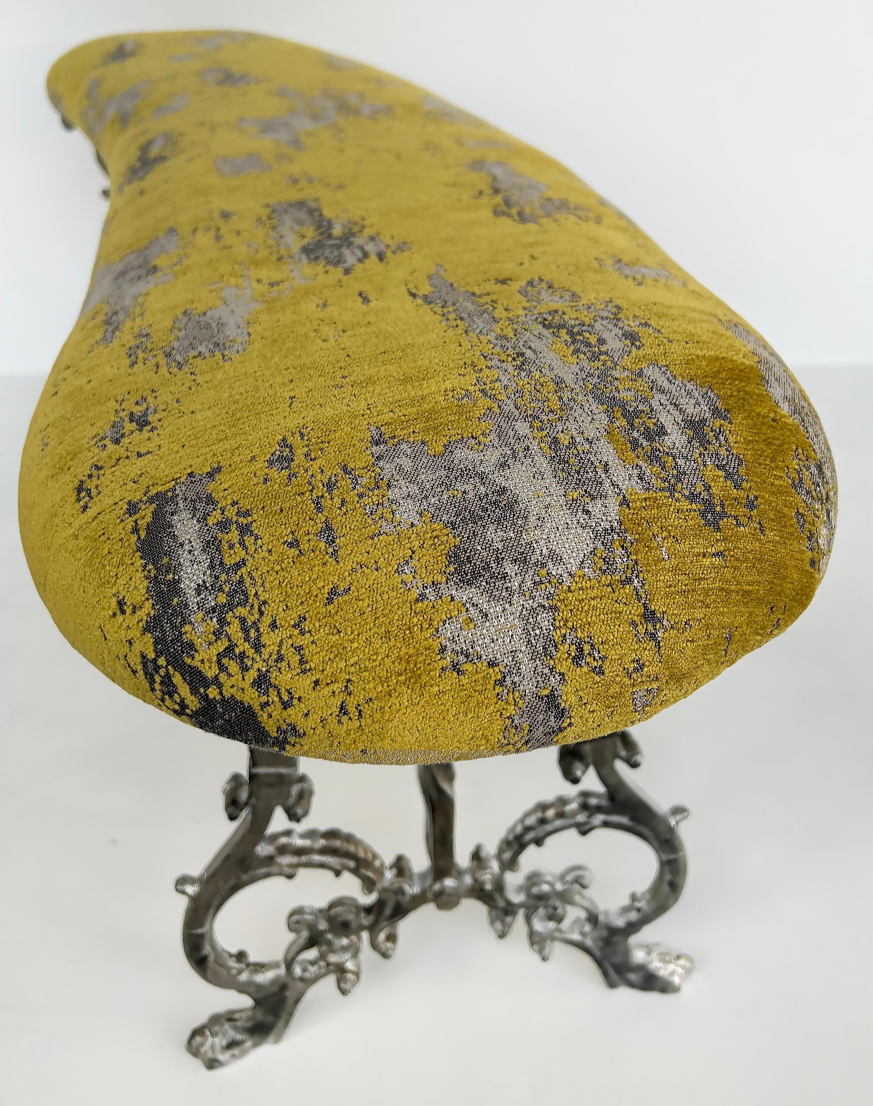 Fabric Antique Silver Gilt Cast Iron Curved Bench with Newly Upholstered Seat Cushion