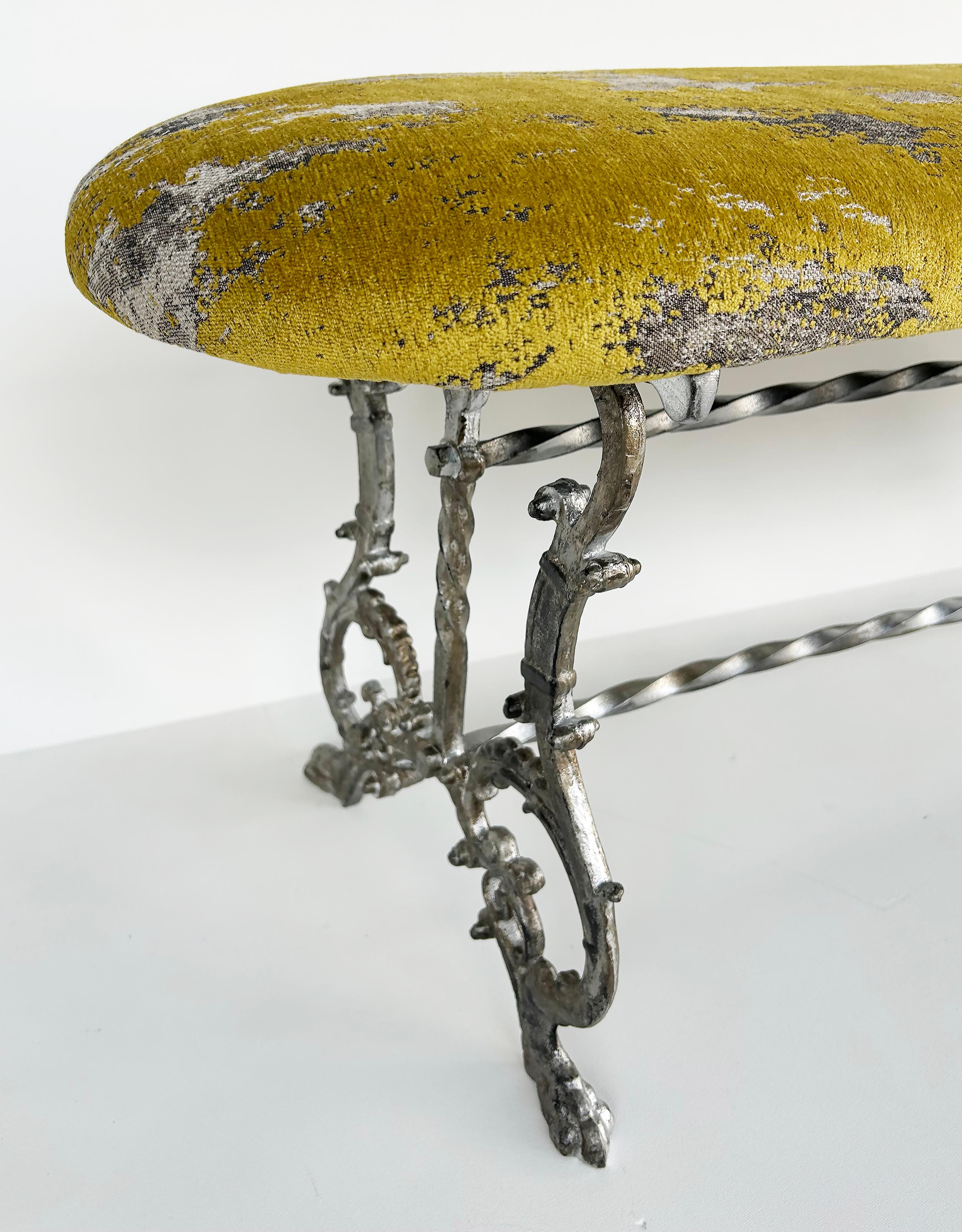 Antique Silver Gilt Cast Iron Curved Bench with Newly Upholstered Seat Cushion 1